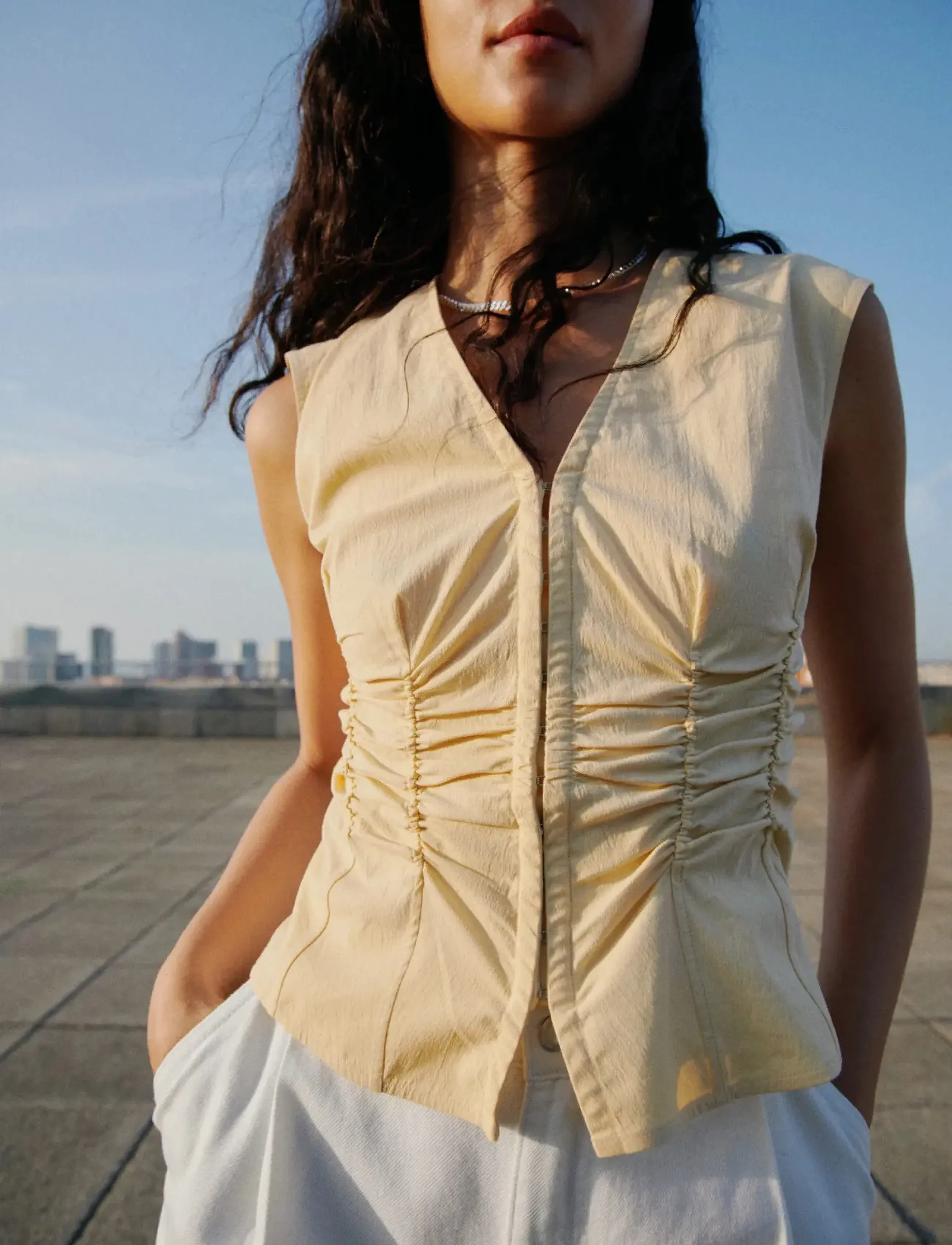 Mango Gathered Cotton Blouse, S, Blouses, Gelb - Sleeveless, Frauen