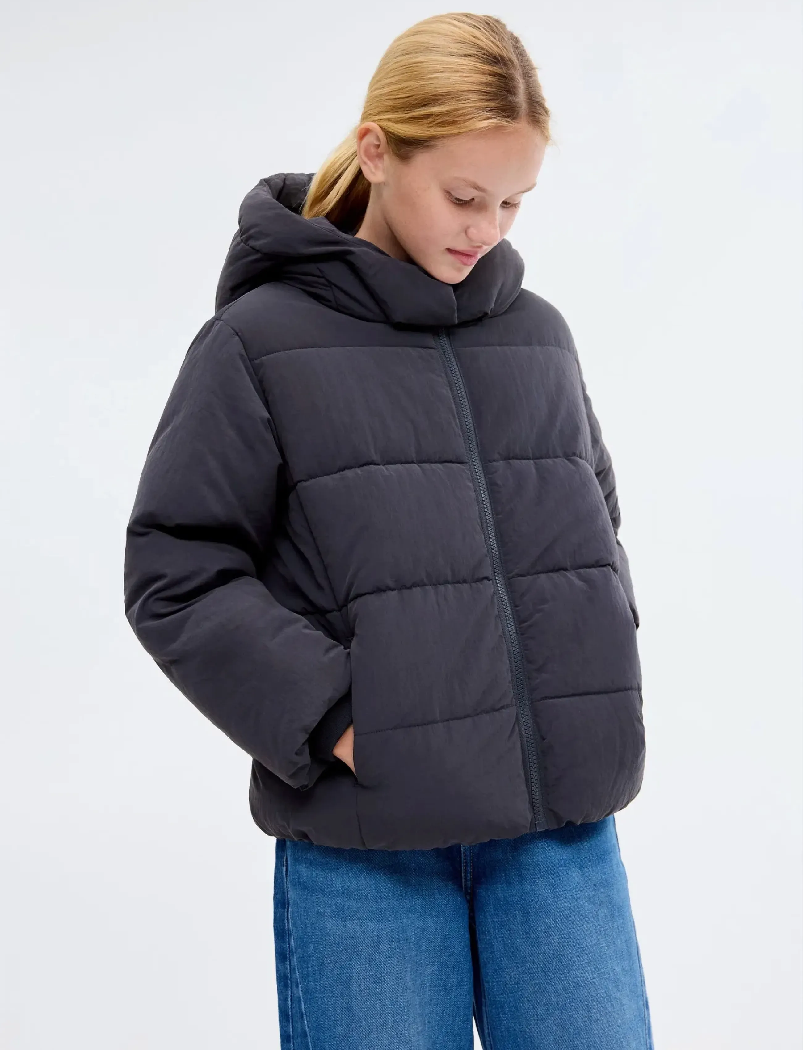 Mango Hood Puffer Coat, 128, Jackets & Coats, Schwarz - Padded, Kinder