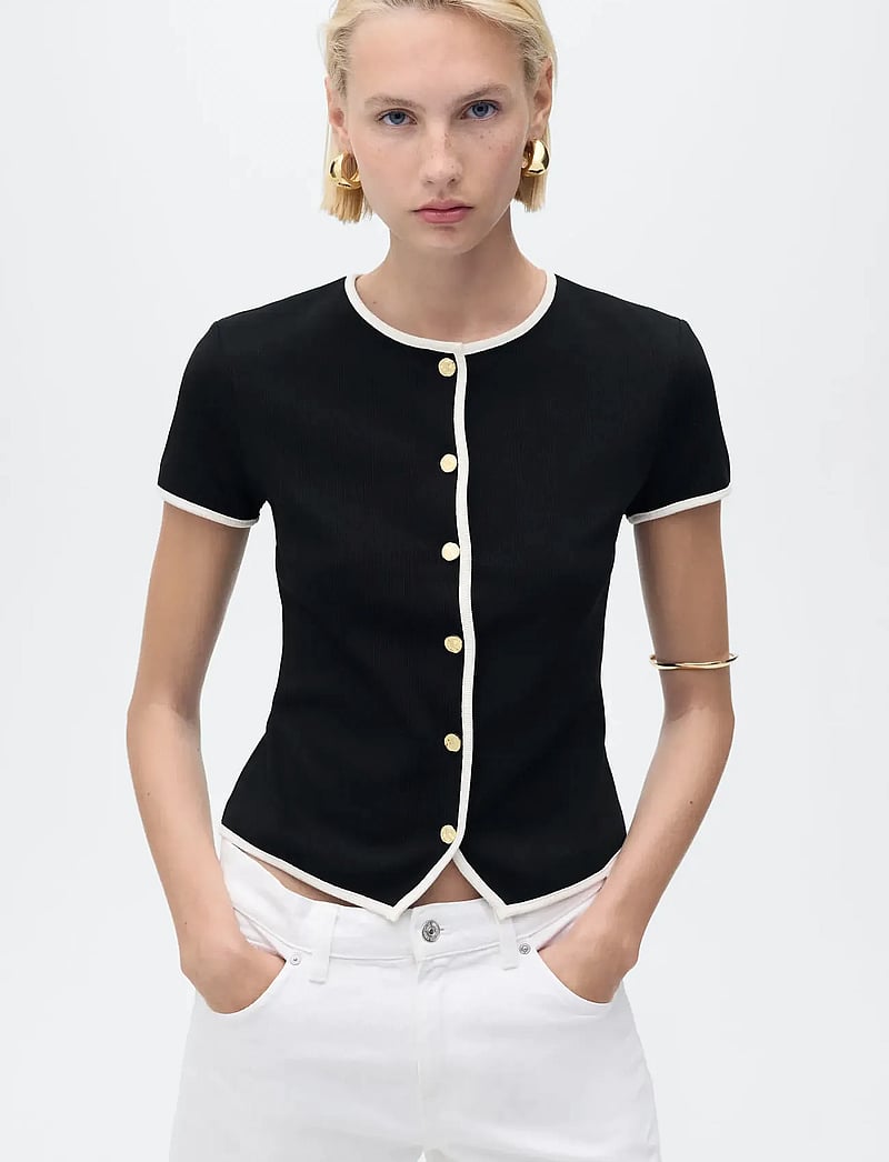 Mango - Cotton t-shirt with contrasting trim - t-shirts - black - 0