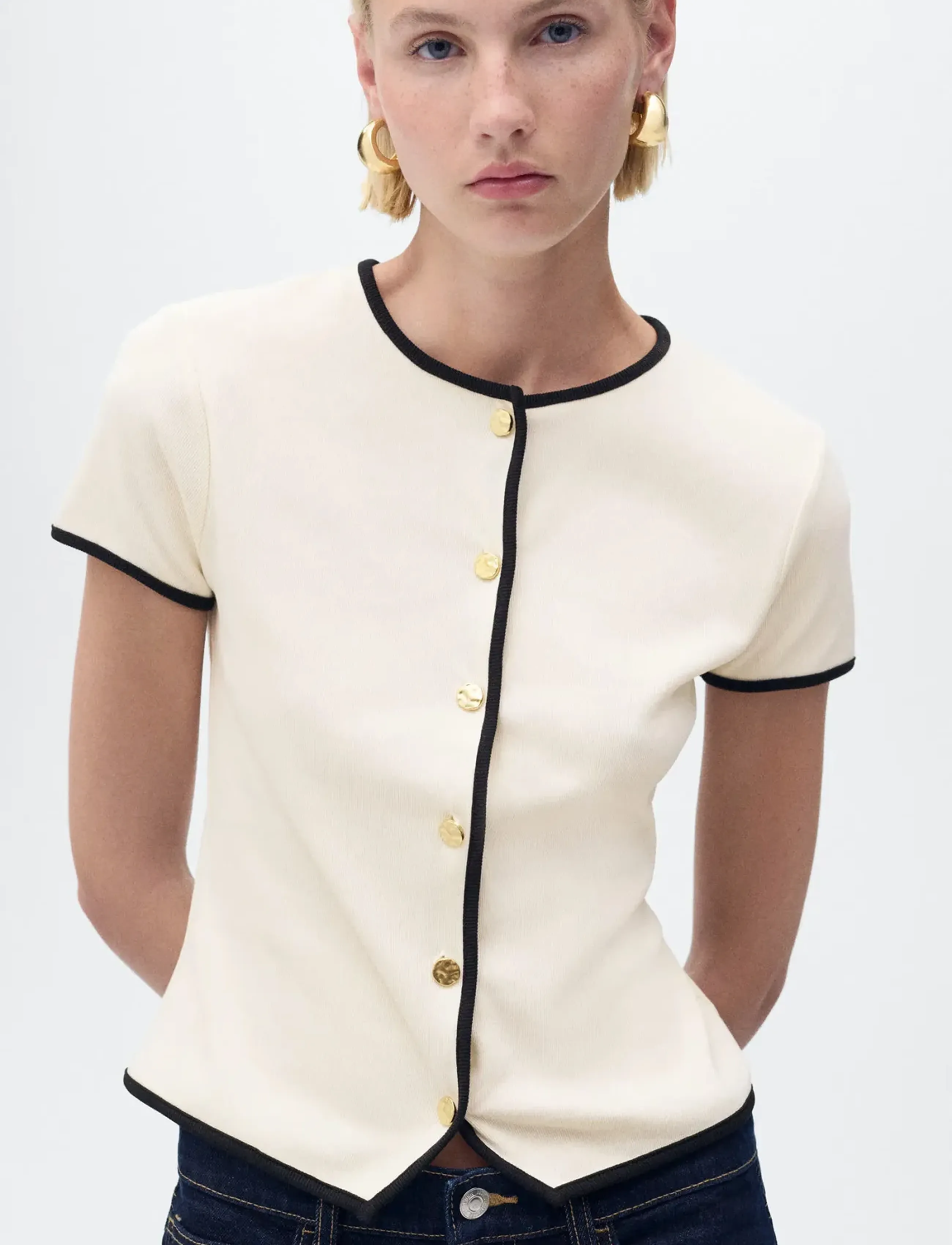 Mango Cotton t-shirt with contrasting trim - T-shirts & Toppe - LIGHT BEIGE / white