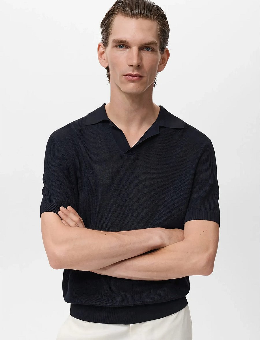 Mango - Cotton polo shirt with microstructure - stickade pikéer - dark blue - 0