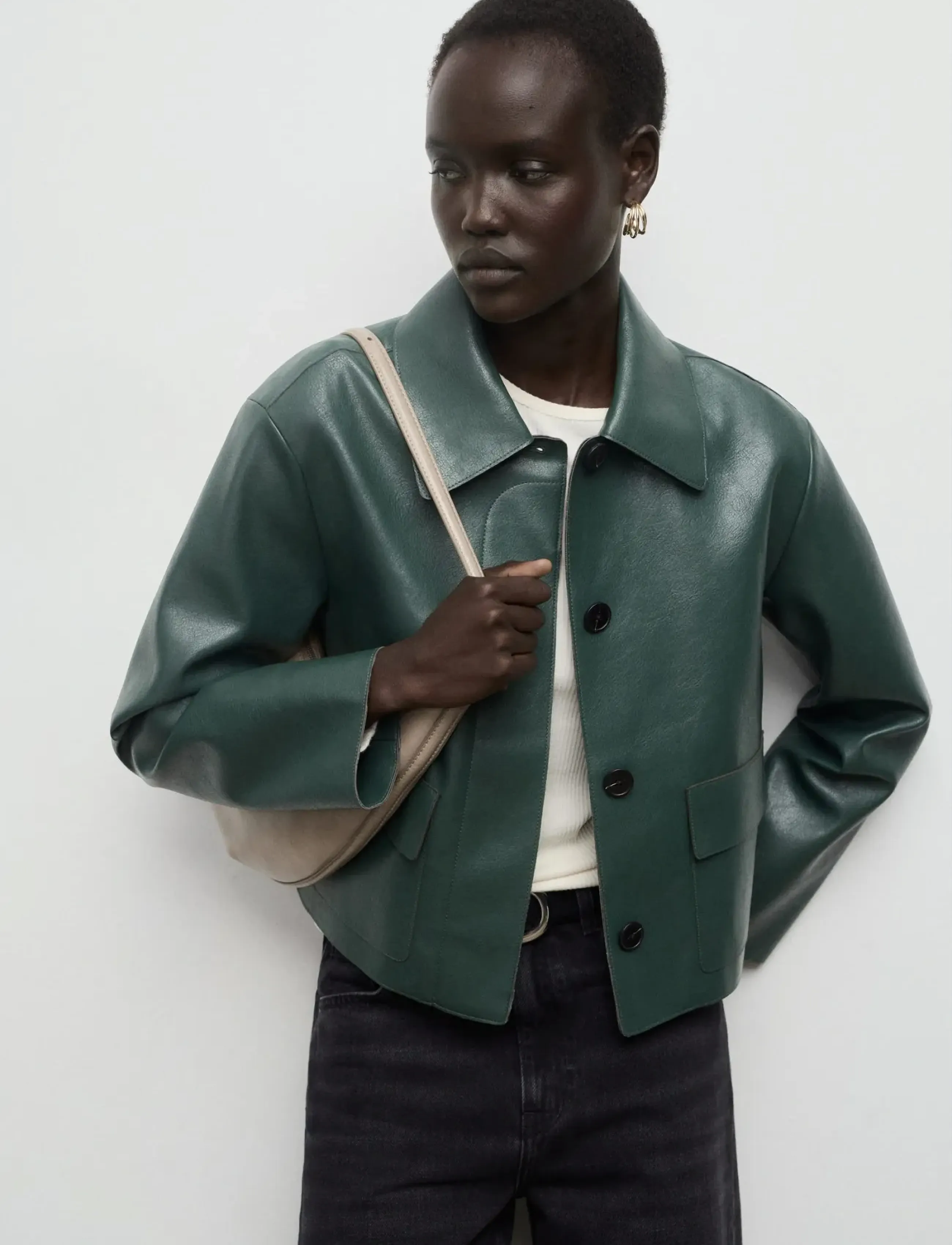 Mango Faux-Leather Jacket With Pockets, XS, Green, Jakker > Læder, Dame