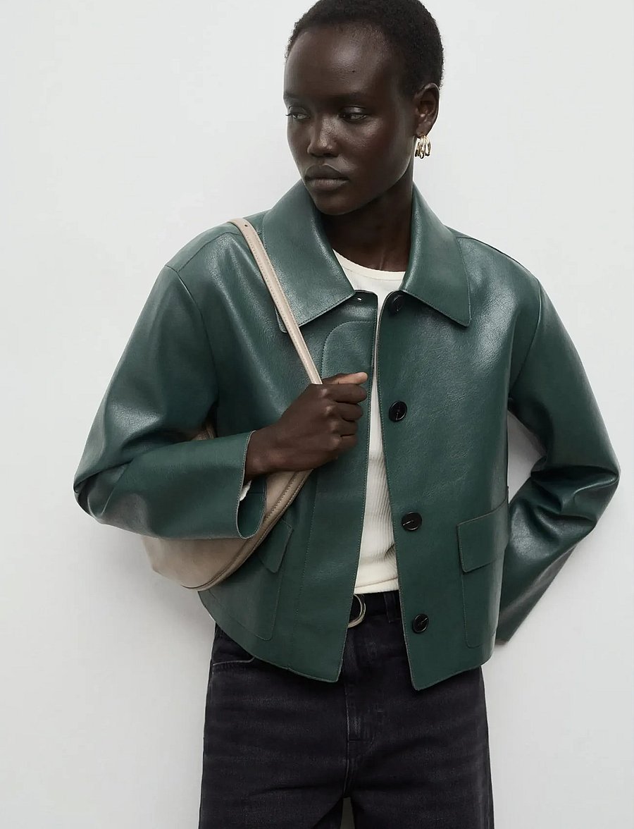 Mango - Faux-leather jacket with pockets - skinnjackor - green - 0