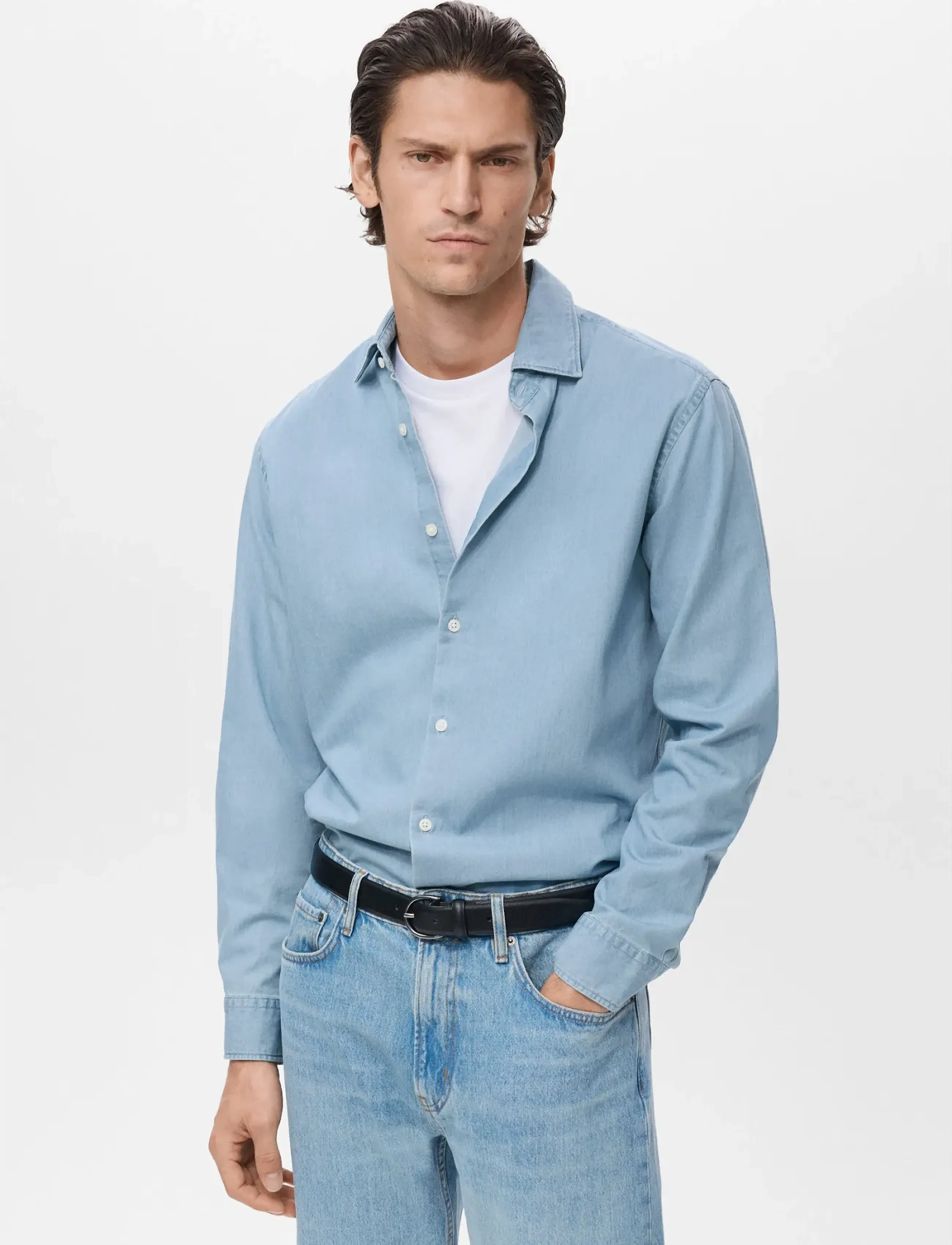 Mango 100% cotton chambray shirt - Mango - OPEN BLUE / blue