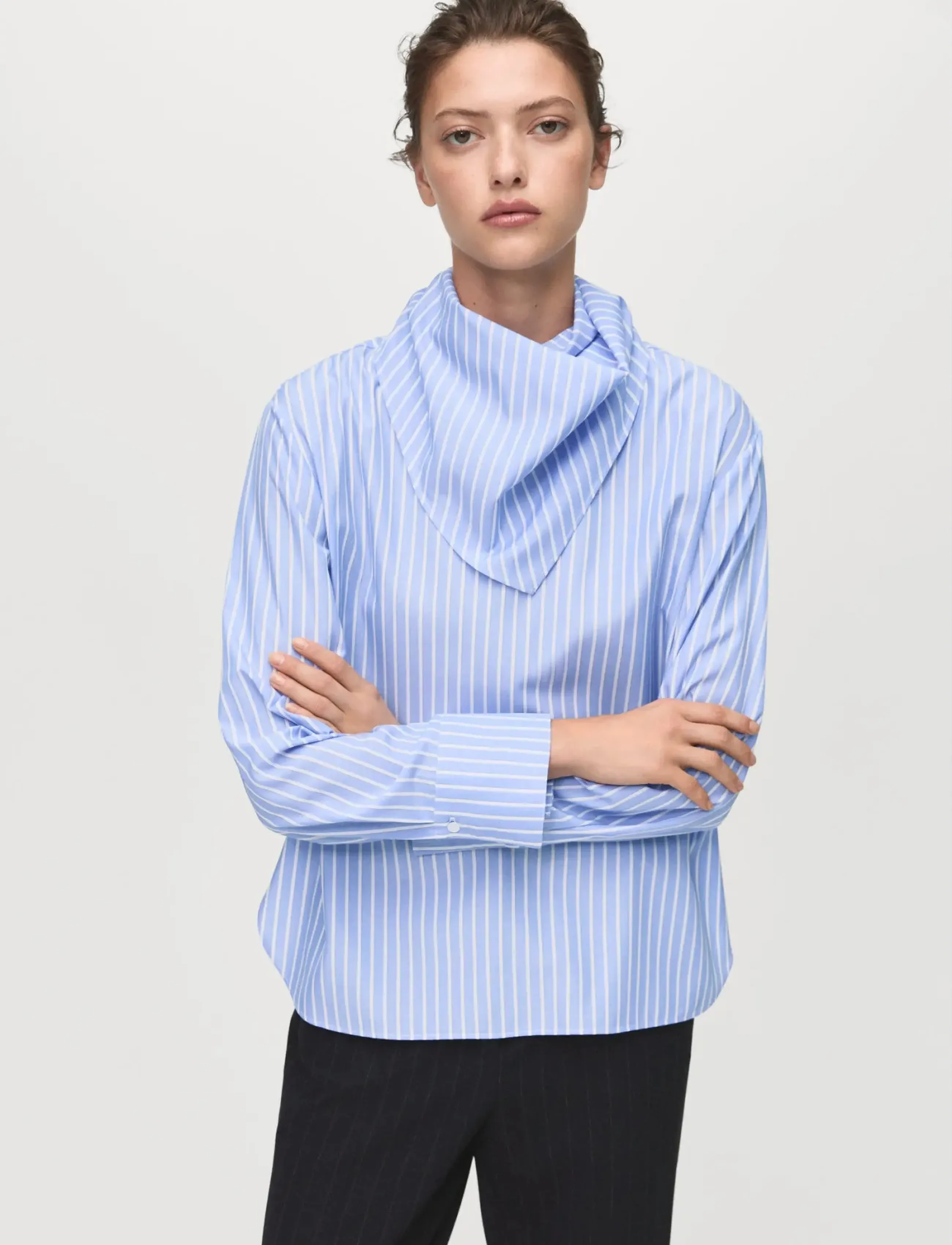 Mango Striped Blouse With Handkerchief, Kvinder, Tørklæde Bluse, Blå, Str: L