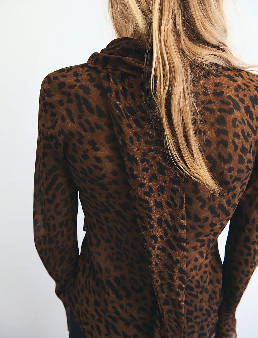 Mango - Leopard-print blouse with scarf - black - 3