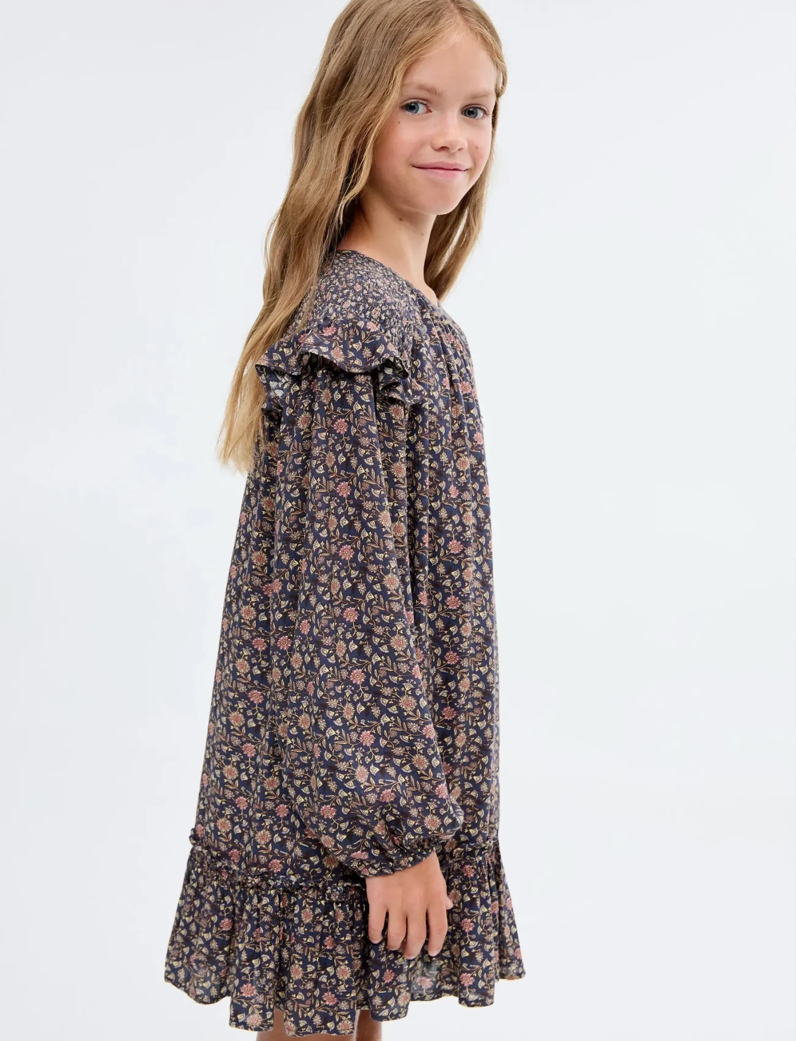 Mango Ruffled Printed Dress, 122, Casual Dresses, Marineblau - Long-sleeved Kinder