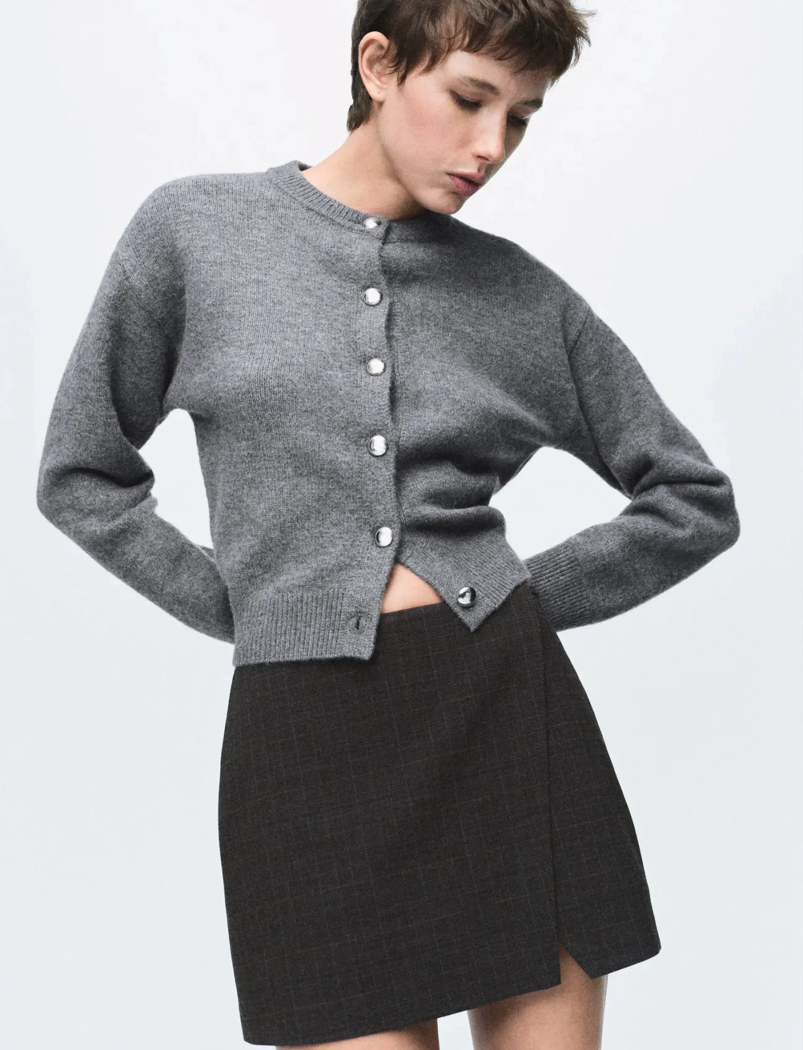 Mango Chunky-Knit Cardigan With Buttons, XS, Grey, Strik > Cardigans, Dame