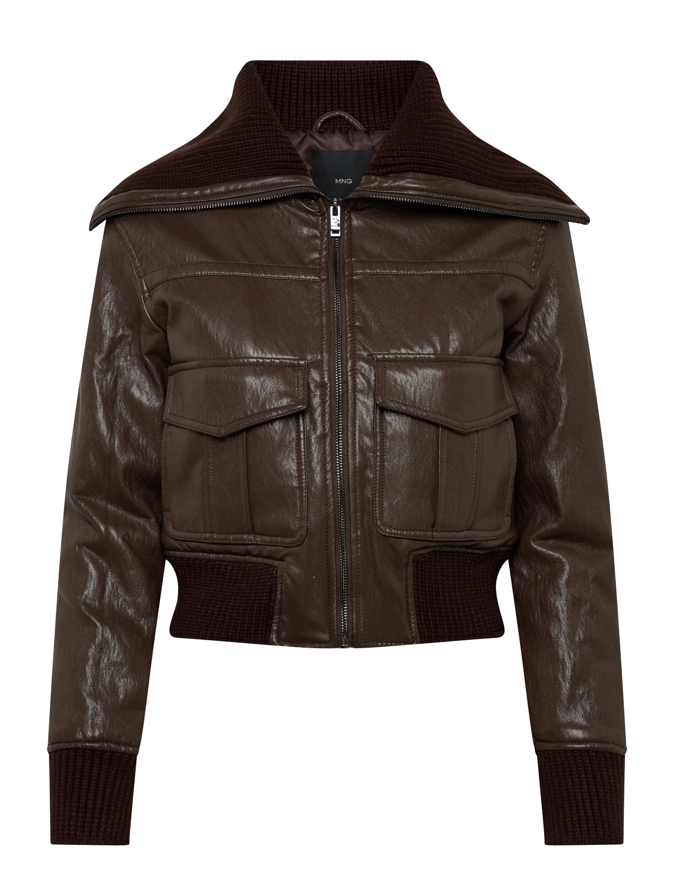 Faux-leather jacket with a roll-neck collar - BROWN