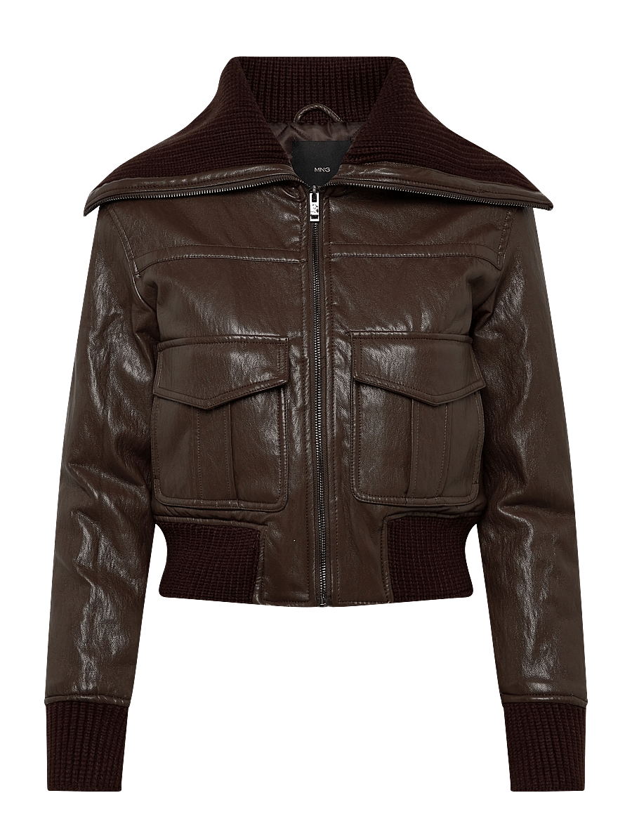 Mango - Faux-leather jacket with a roll-neck collar - frühlingsjacken - brown - 1