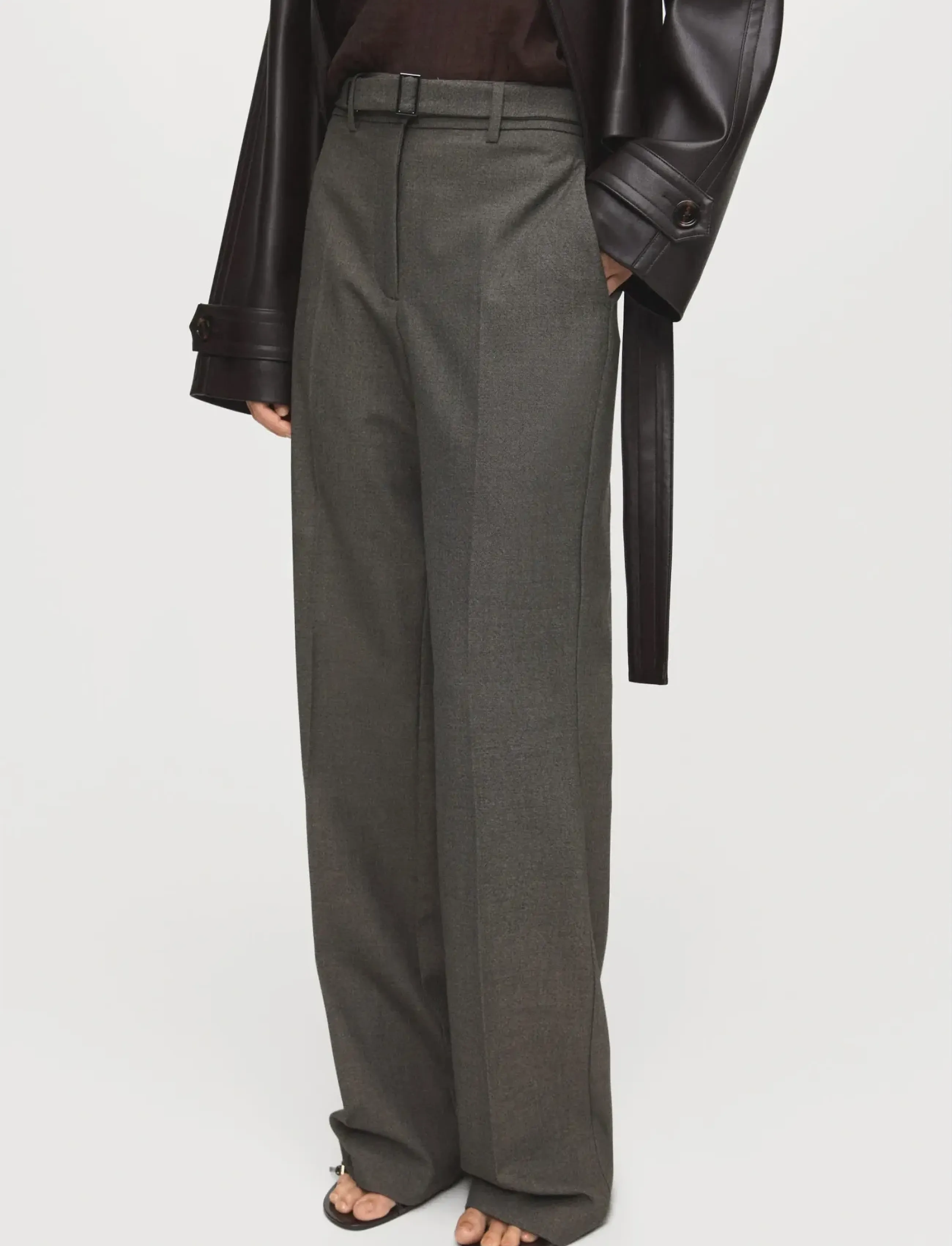 Mango Belt straight-fit trousers - Bukser med lige ben - BROWN / grey