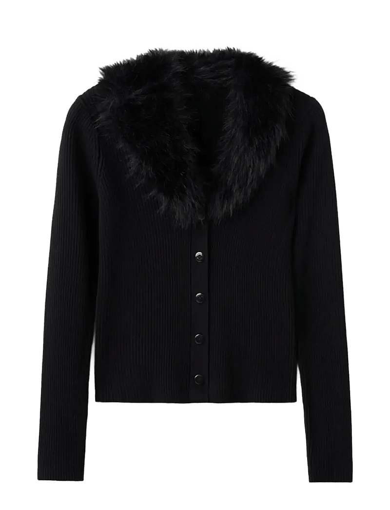 Mango - Cardigan with faux-fur collar - cardigans - black - 1