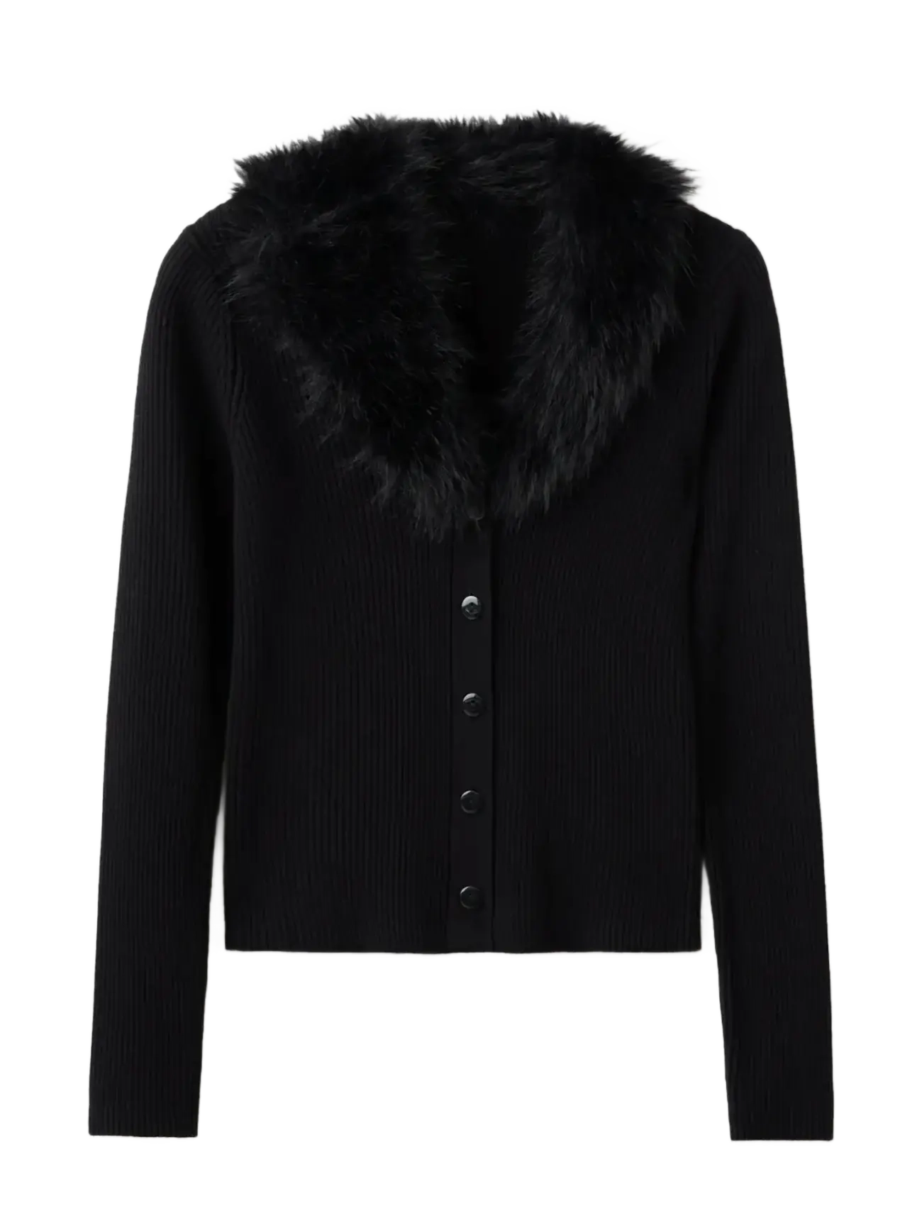 Mango Cardigan with faux-fur collar - Tøj - BLACK / black