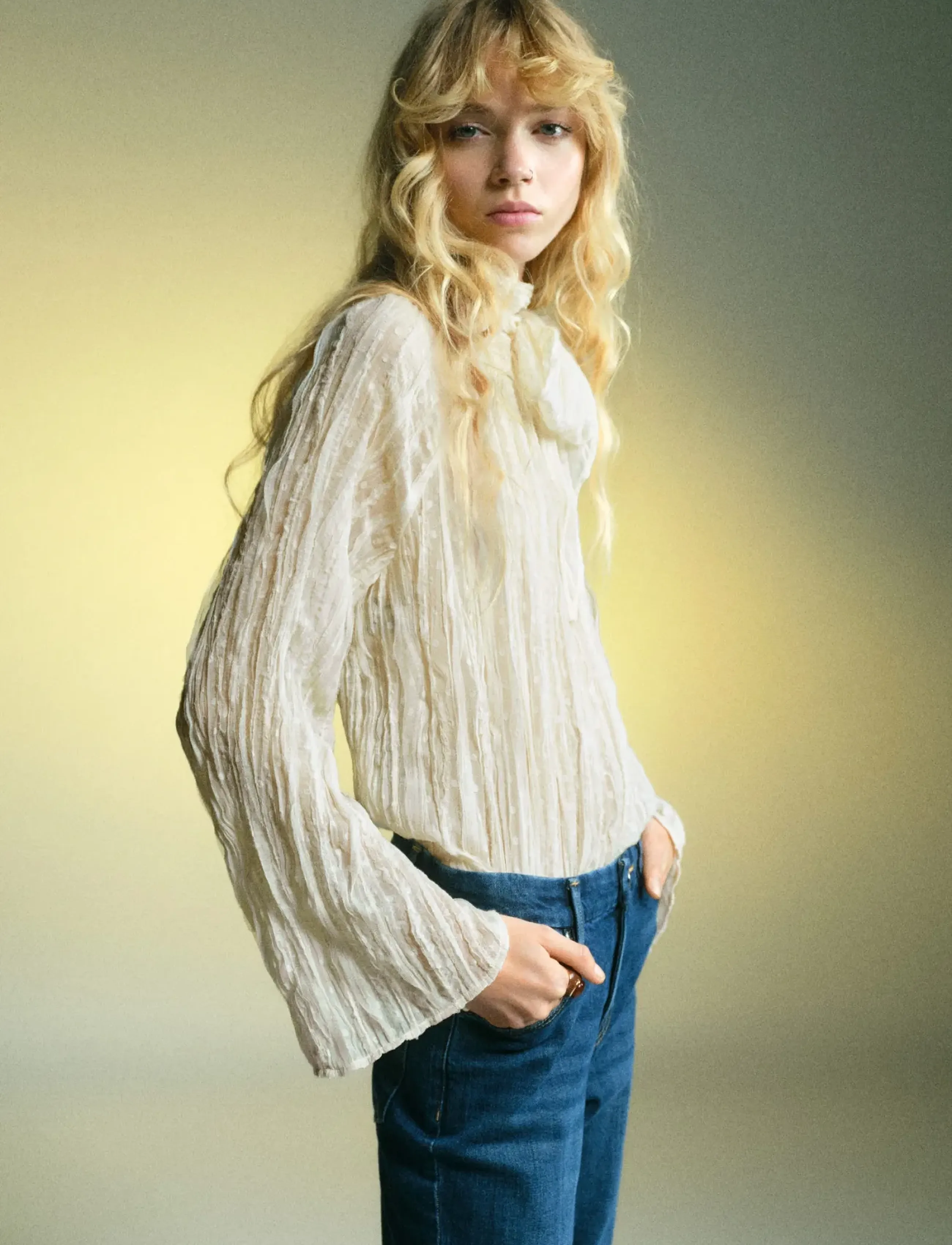 Mango Bow Textured Blouse, M, Cream, Bluser > Langærmede, Dame