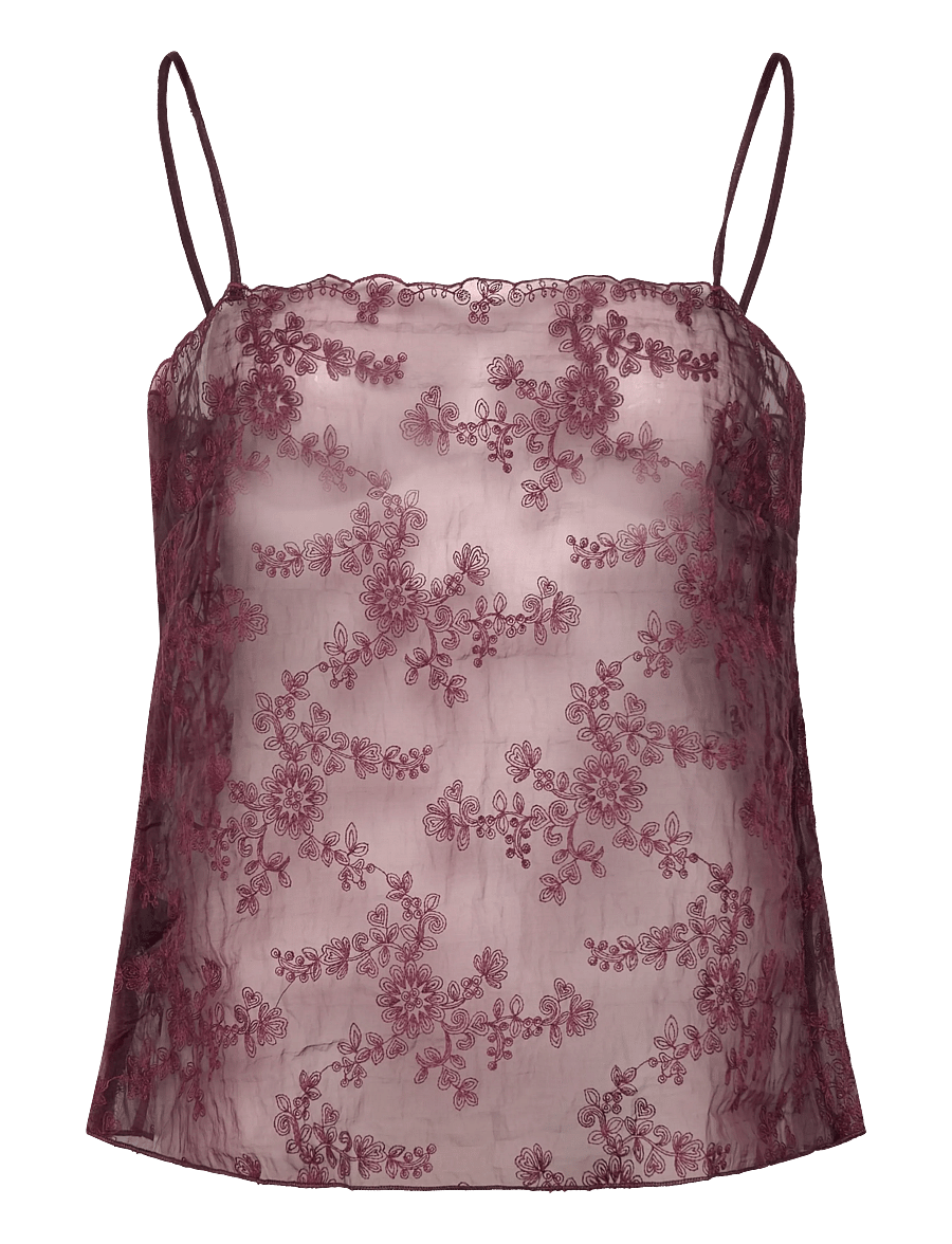 Mango - Embroidered sheer top - tanktops - dark red - 1