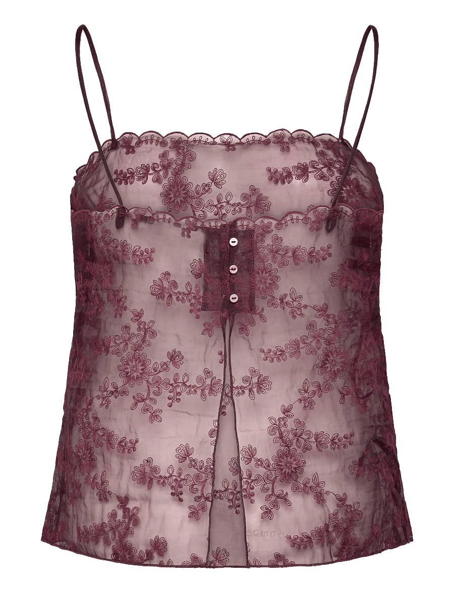 Mango - Embroidered sheer top - tanktops - dark red - 2
