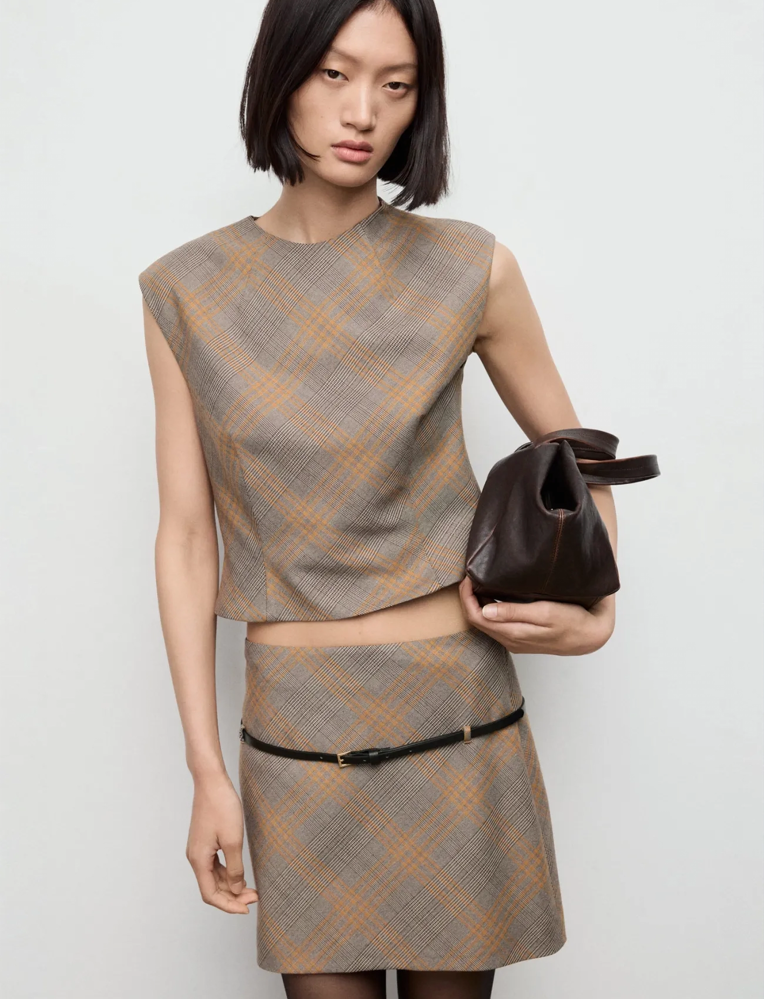Mango Belt checked skirt - Kurze Röcke - BROWN / brown