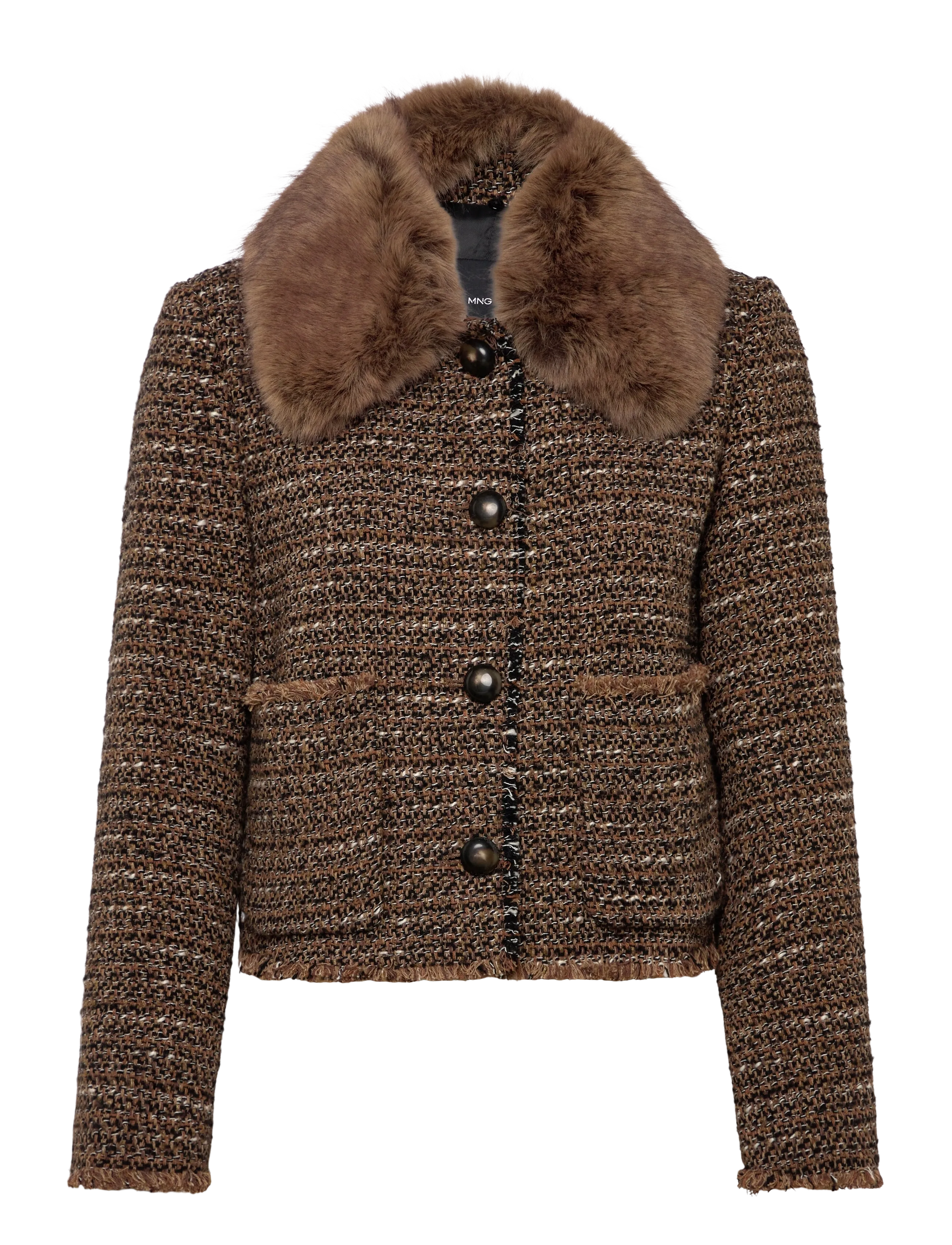 Tweed jacket with fur collar - BROWN