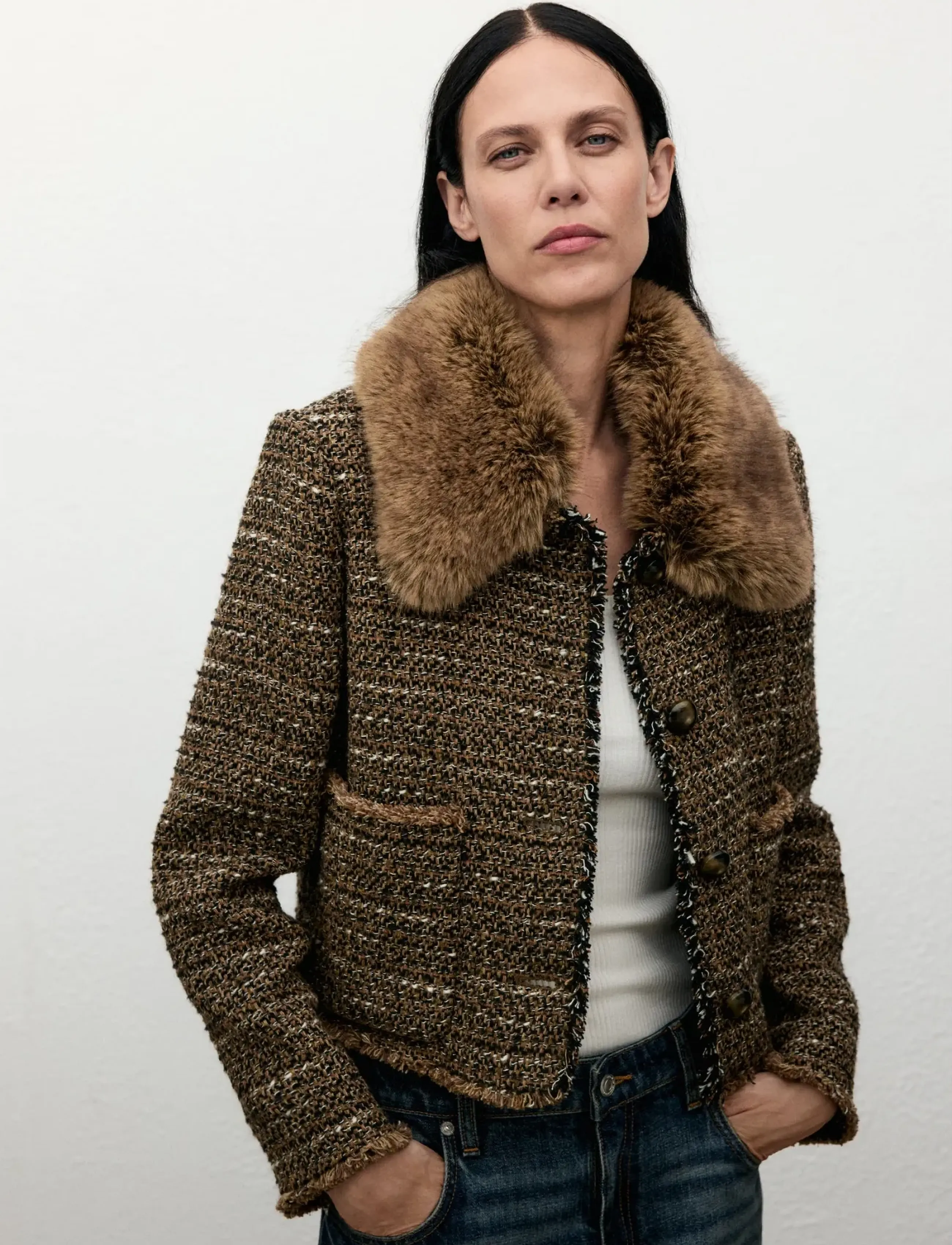 Mango Tweed Jacket With Fur Collar, S, Brown, Blazere > Enkeltradede Blazere, Dame