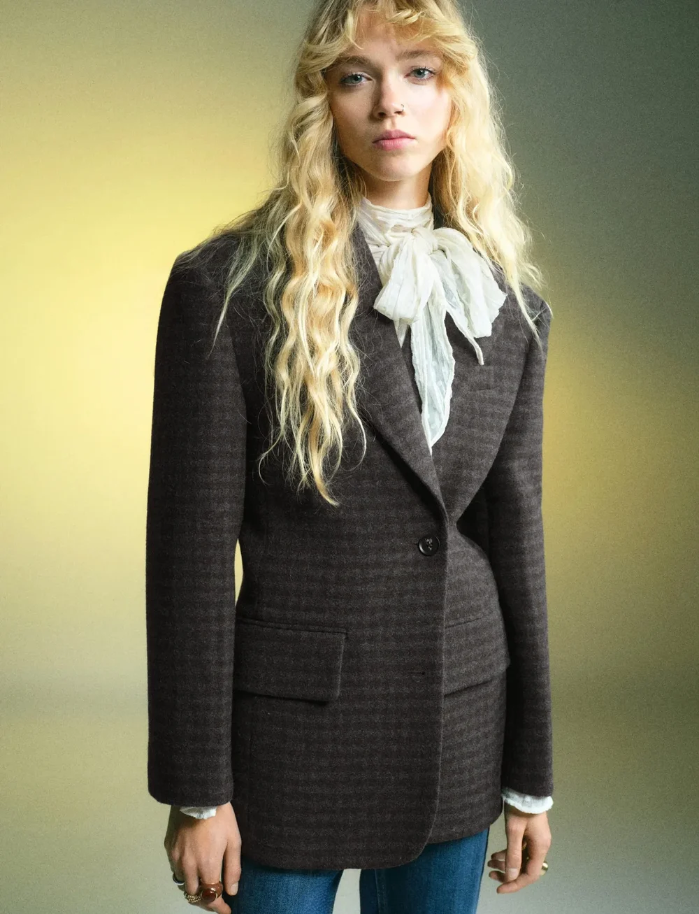 Mango - Micro houndstooth wool blazer - dubbelknäppta kavajer - brown - 0