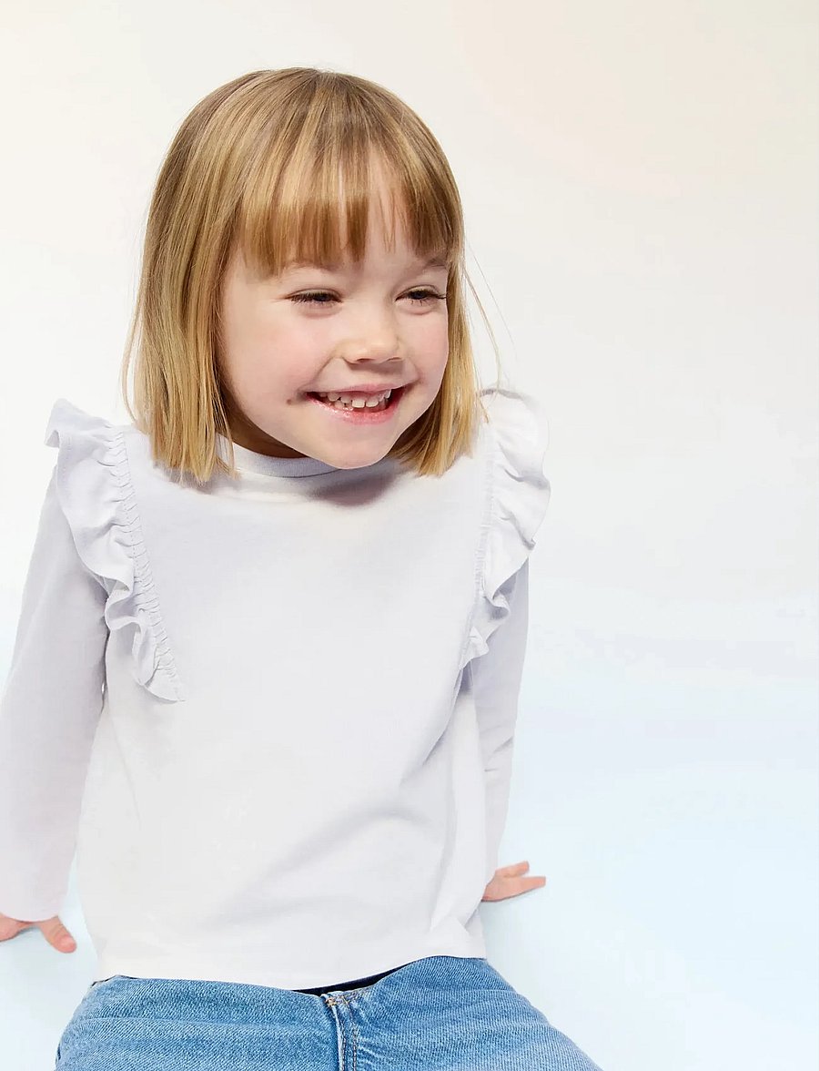 Mango - Frills cotton t-shirt - långärmade t-shirts - lt-pastel blue - 0