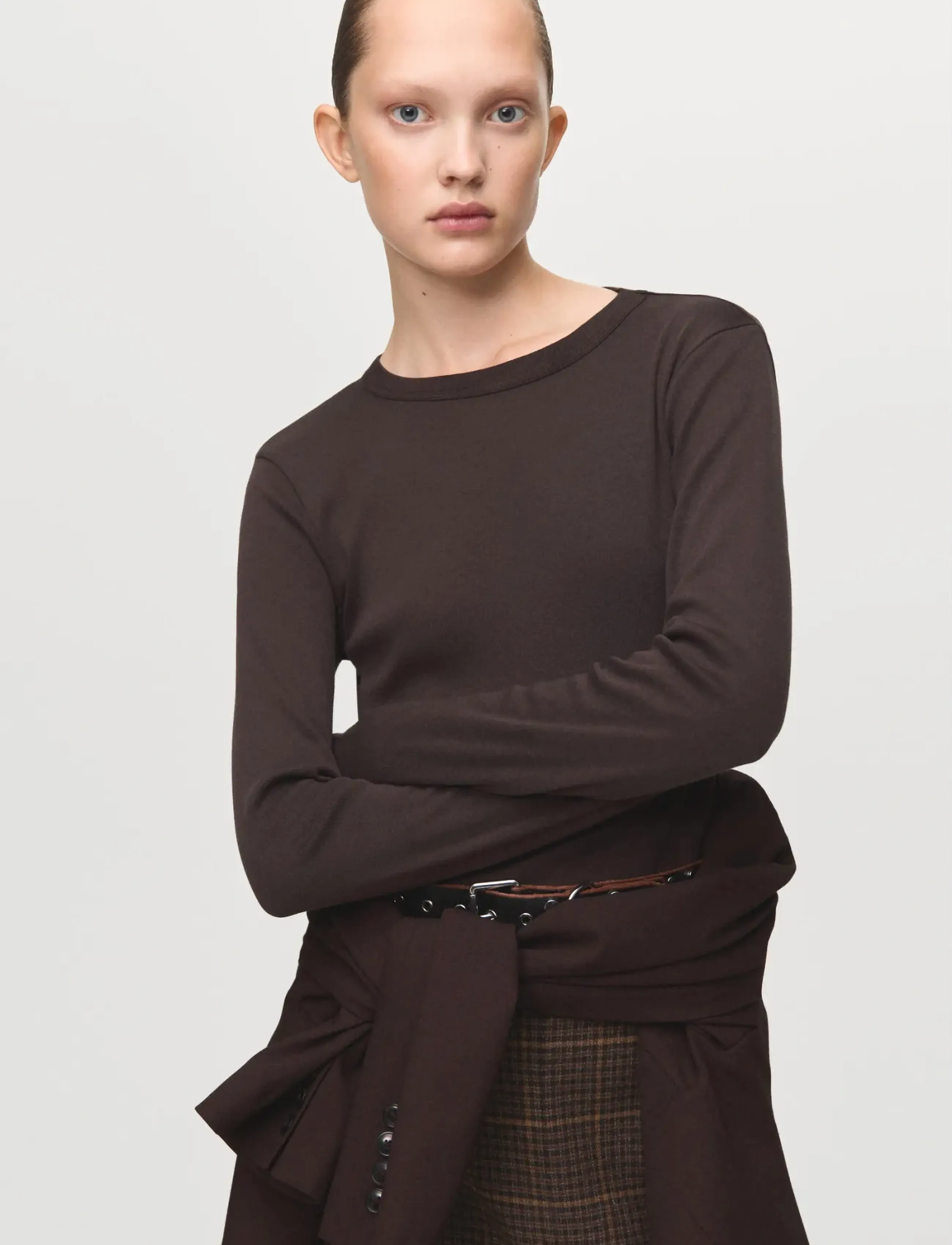 Mango Long sleeve cotton t-shirt - Stickat - BROWN / brown