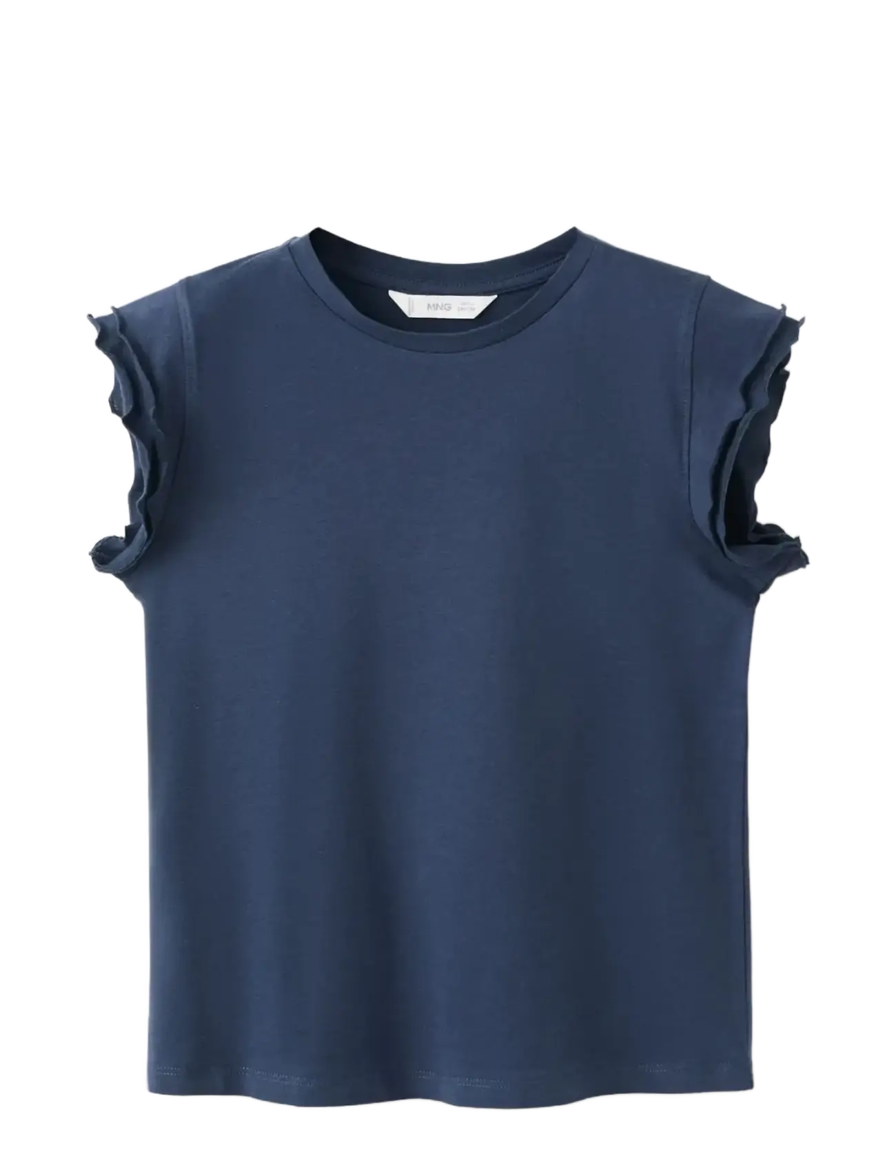 Mango Short-Sleeved Ruffle T-Shirt, 9-10, Navy, T-Shirts > Kortærmede, Børn
