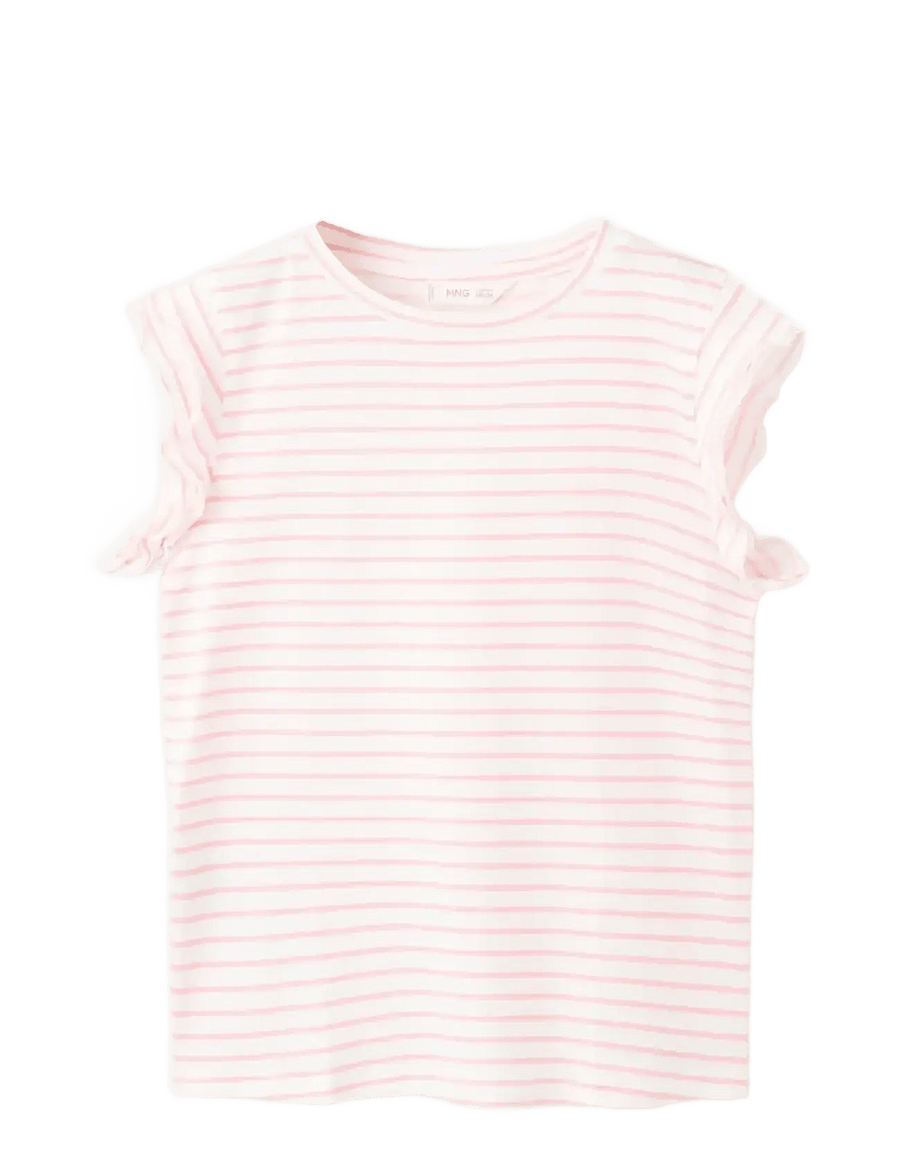 Mango - Ruffled striped t-shirt - kortärmade t-shirts - pink - 0