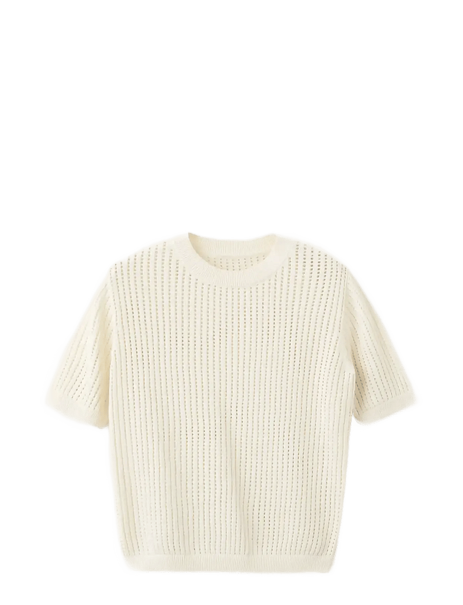 Mango - Short-sleeved openwork knitted sweater - stickade tröjor - light beige - 1