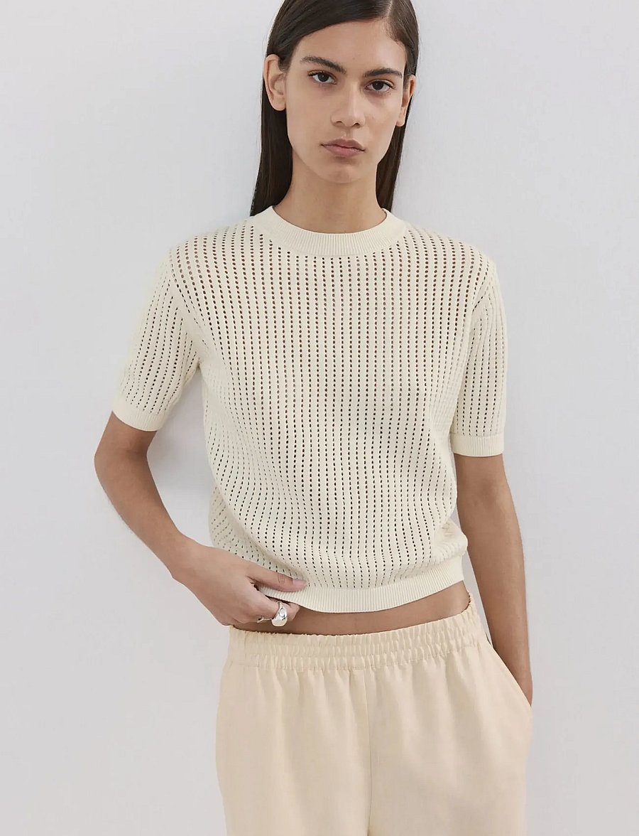 Mango - Short-sleeved openwork knitted sweater - stickade tröjor - light beige - 0