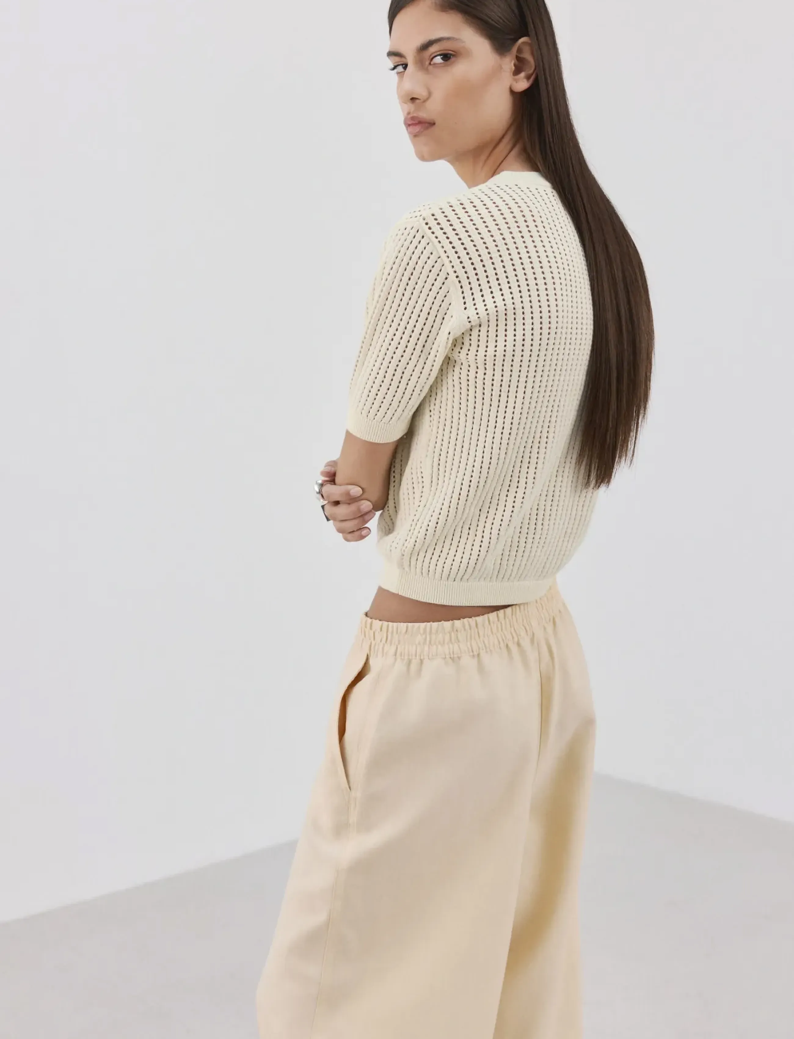 Mango - Short-sleeved openwork knitted sweater - stickade tröjor - light beige - 2