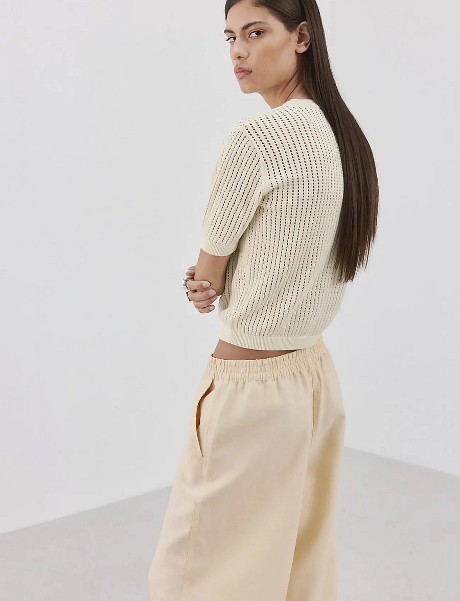 Mango - Short-sleeved openwork knitted sweater - stickade tröjor - light beige - 2
