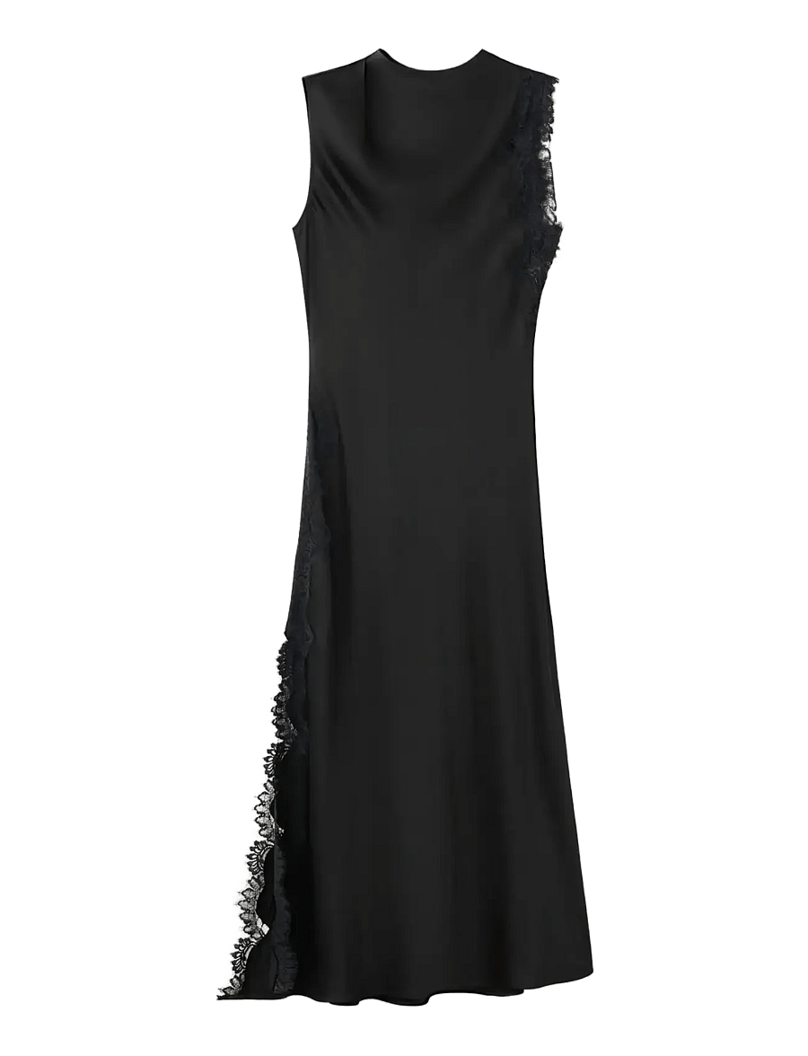 Mango - Satin dress with lace details - slipklänningar - black - 1