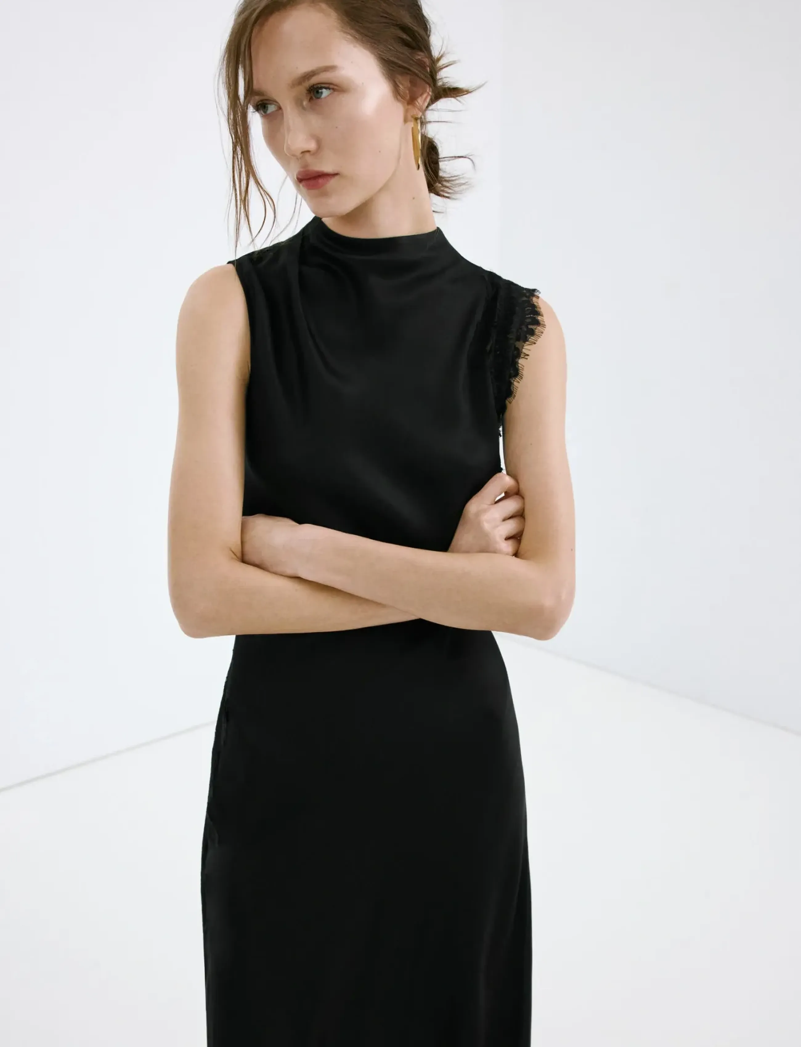 Mango Satin dress with lace details - Kläder - BLACK / black