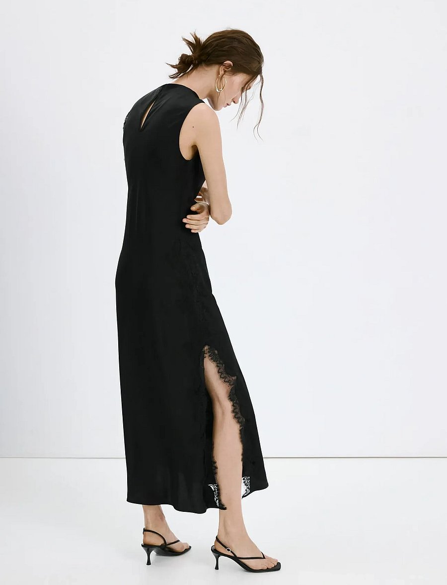 Mango - Satin dress with lace details - slipklänningar - black - 2
