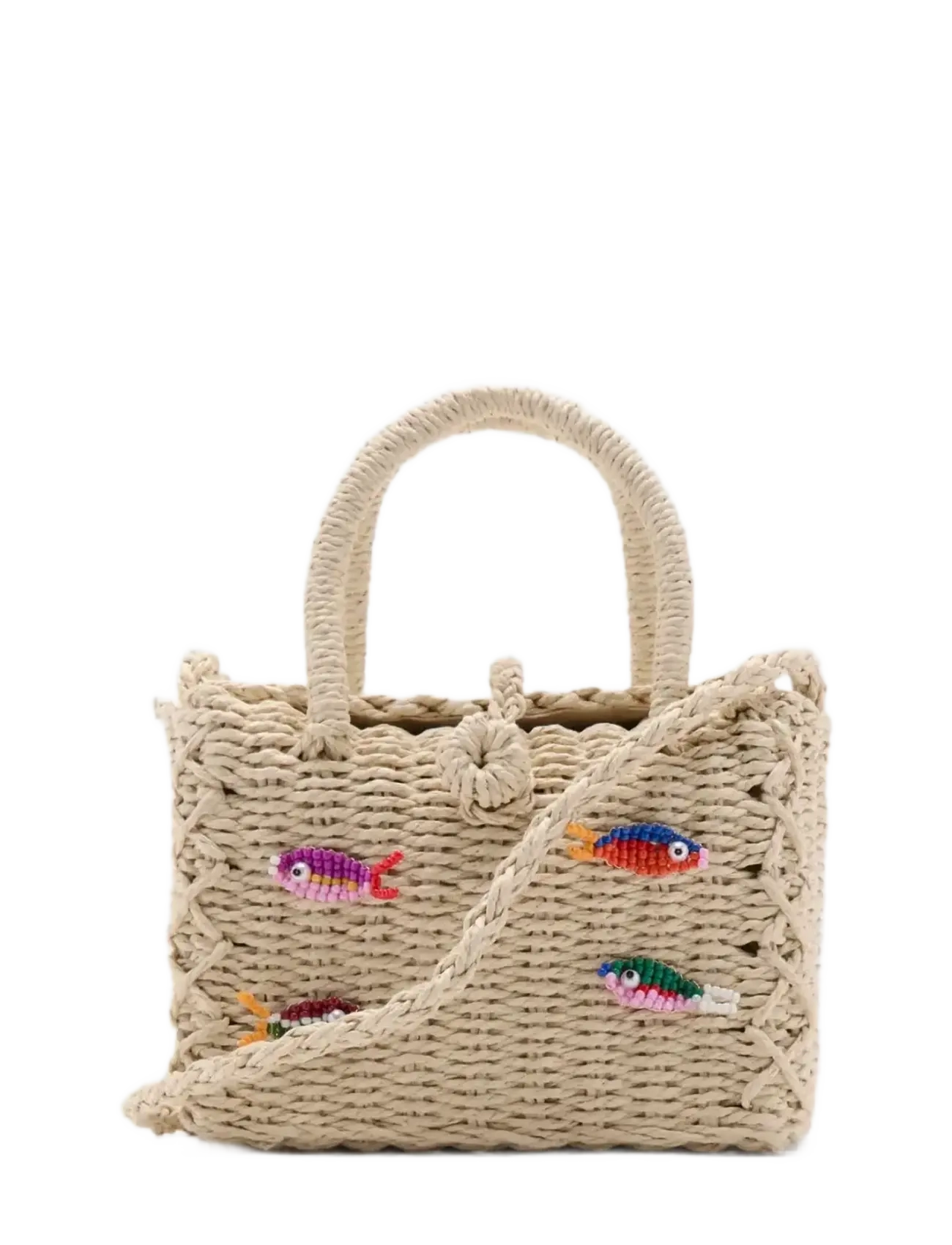 Mango Mini raffia bag with fish design - Bags - LT PASTEL BROWN / multi