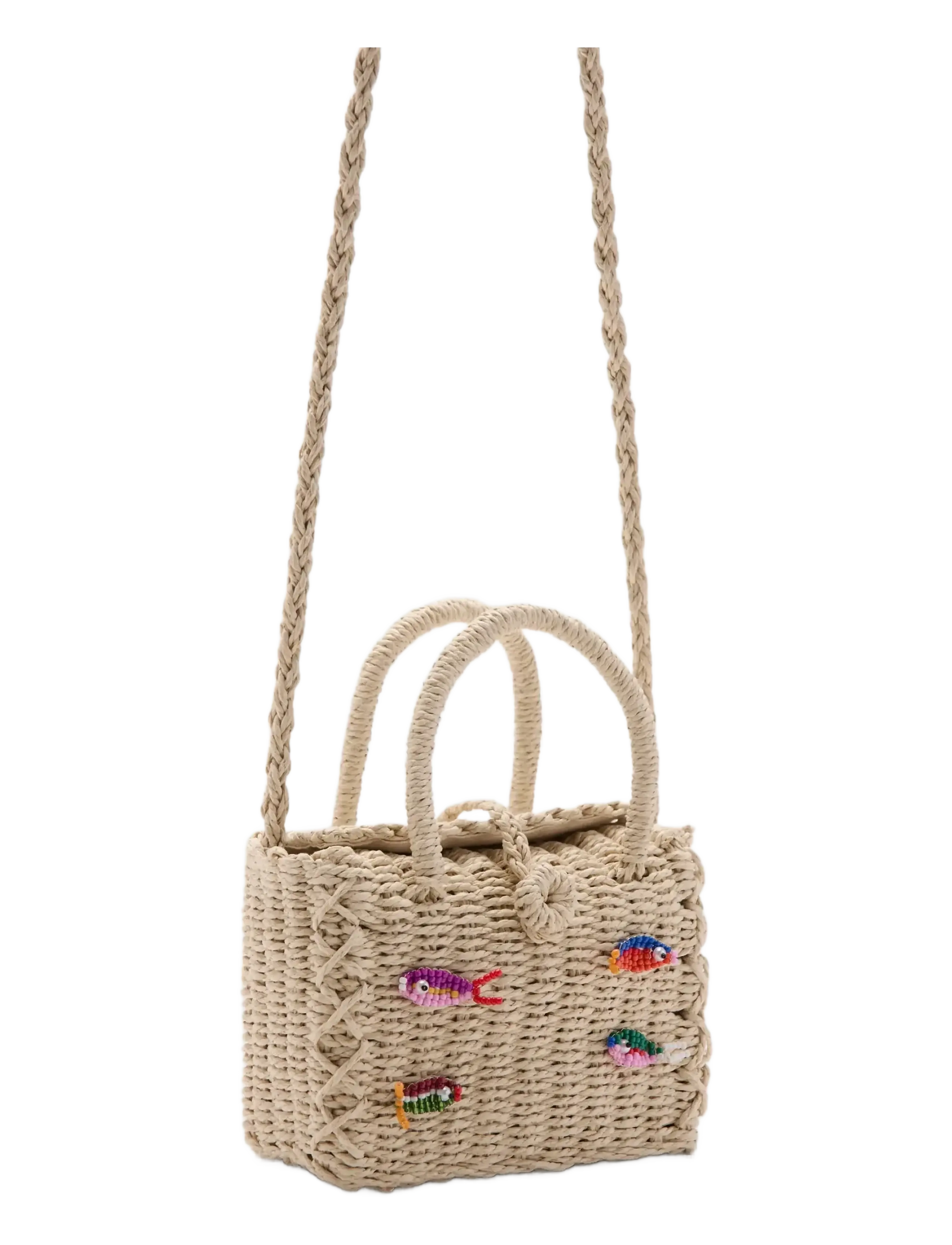 Mango - Mini raffia bag with fish design - lt pastel brown - 1