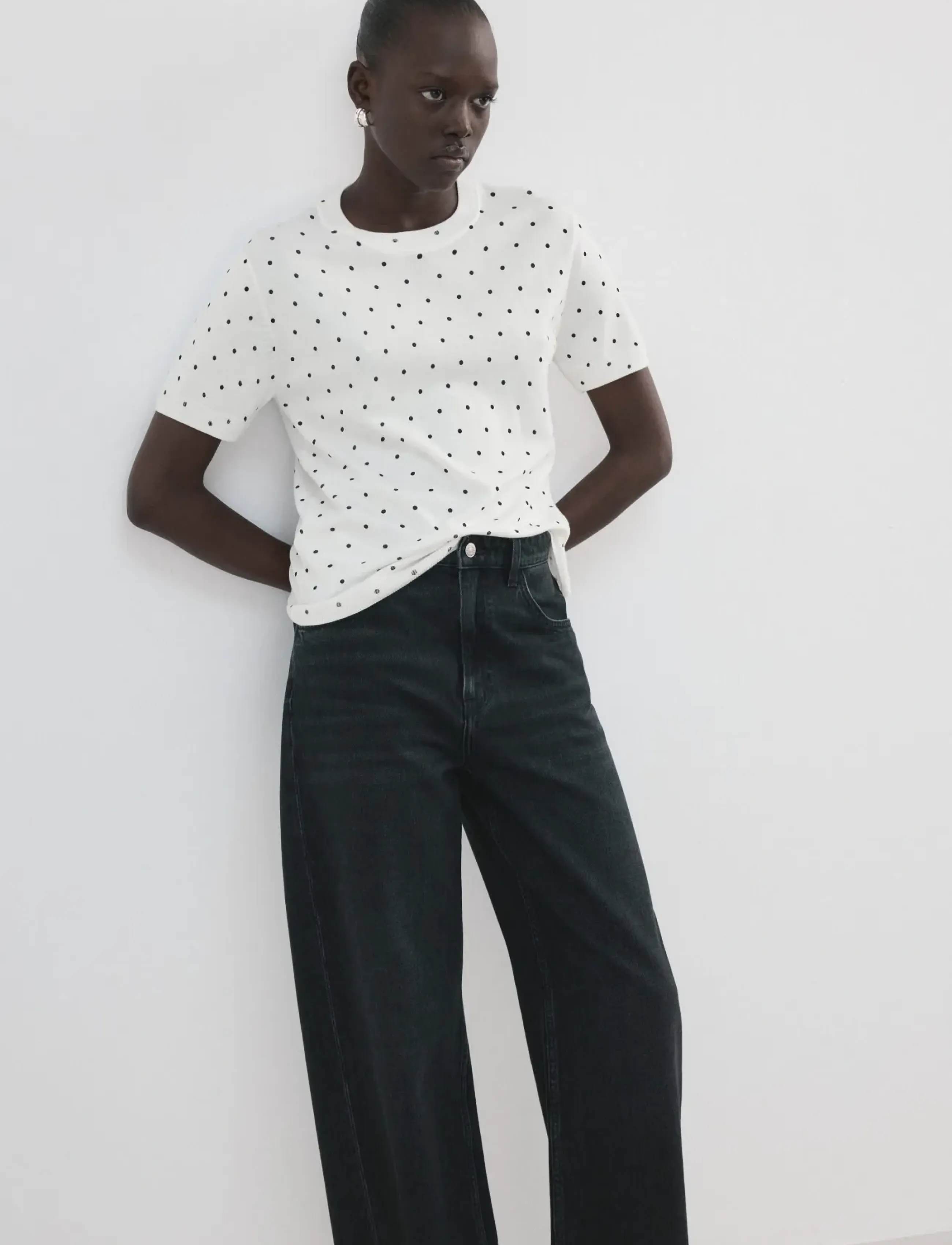 Mango Polka-Dot Knitted Sweater, L, White, Strik > Trøjer, Dame