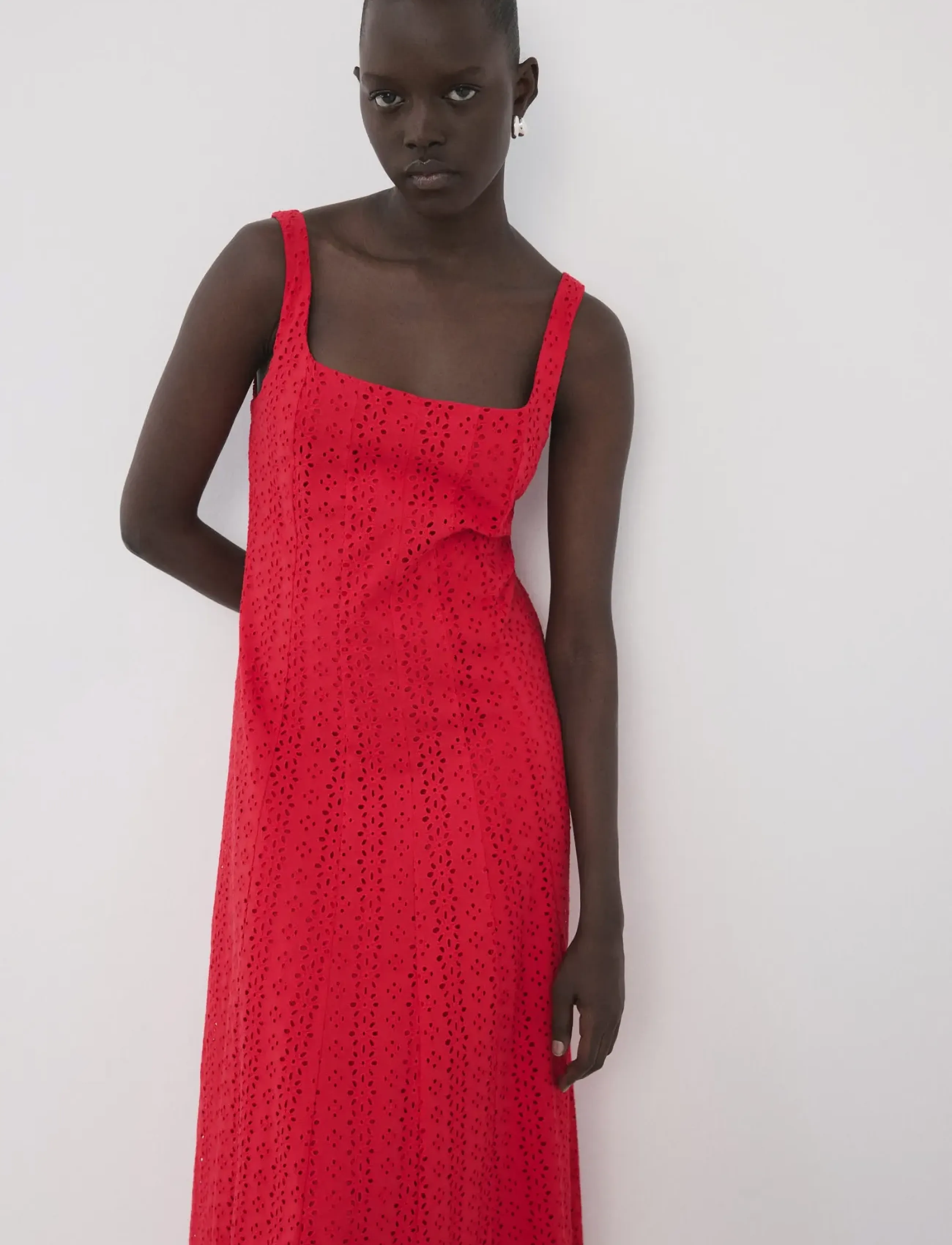 Mango A-Line Dress With Broderie Anglaise Embroidery, L, Dresses, Rot - Knee-length & Midi, Frauen