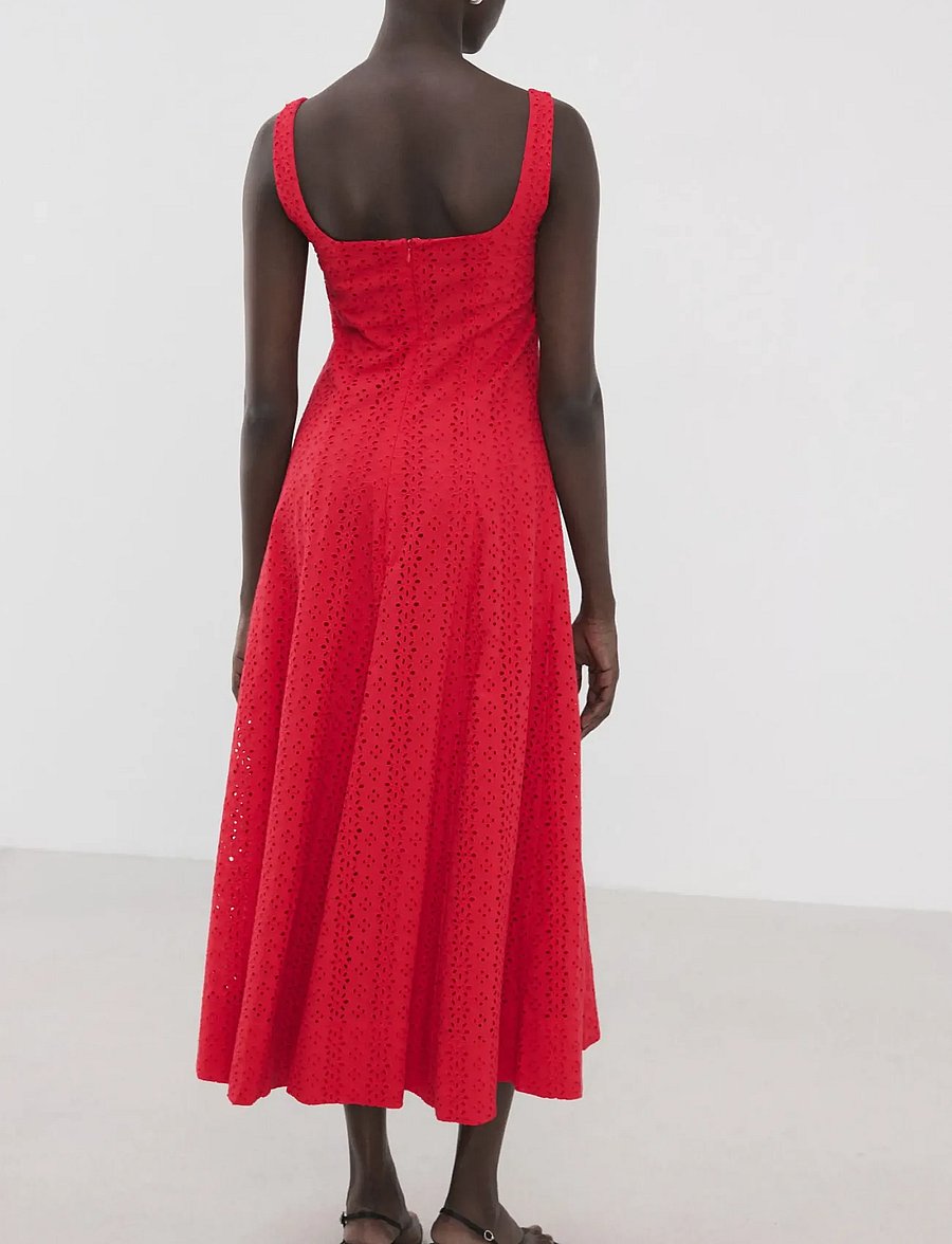 Mango - A-line dress with broderie anglaise embroidery - midiklänningar - red - 2