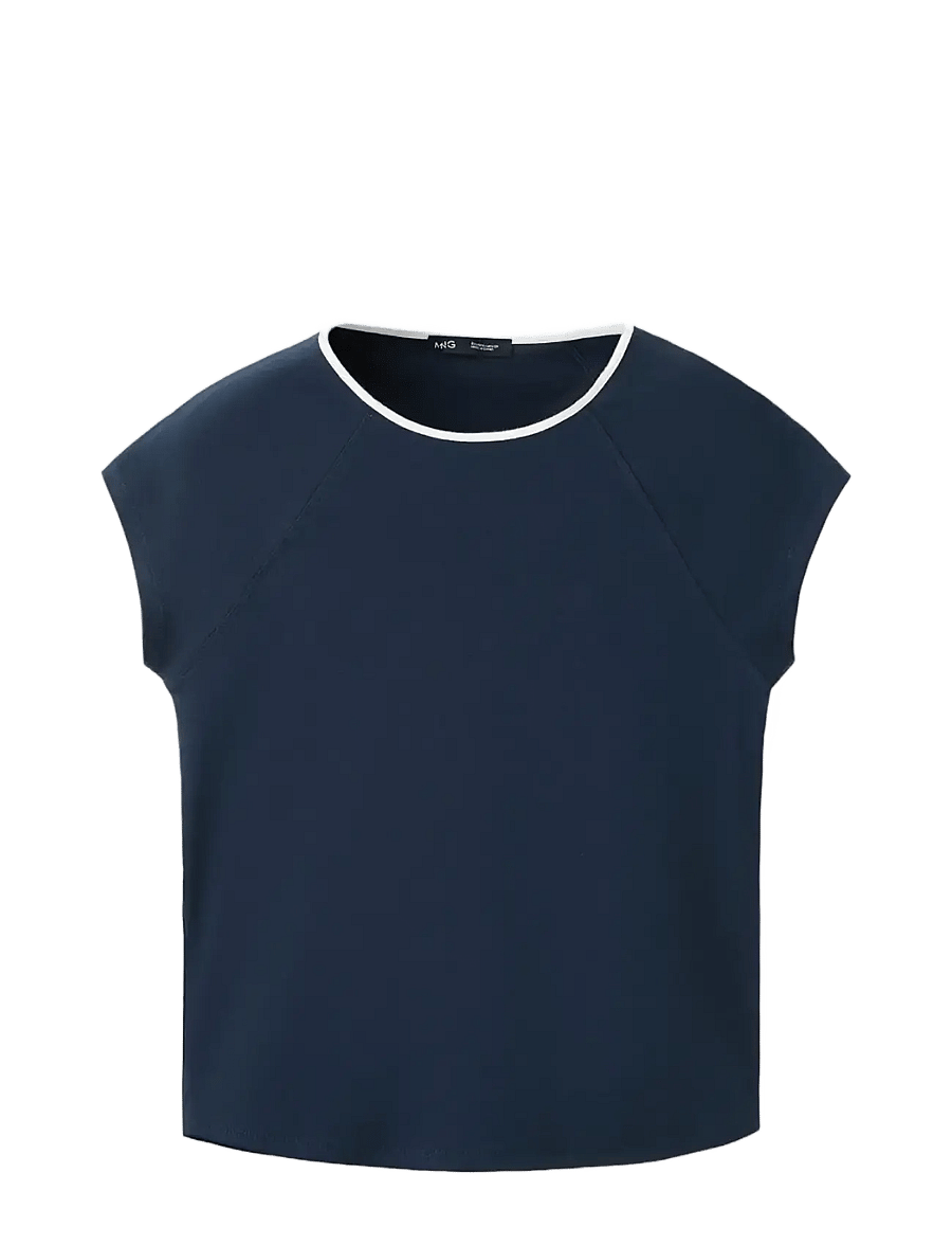 Mango - Cotton T-shirt with contrast piping - t-shirts - navy - 1