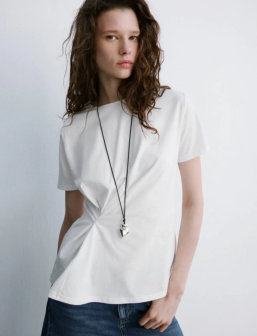 Mango - Cotton t-shirt with pucker detail - t-shirts - white - 0