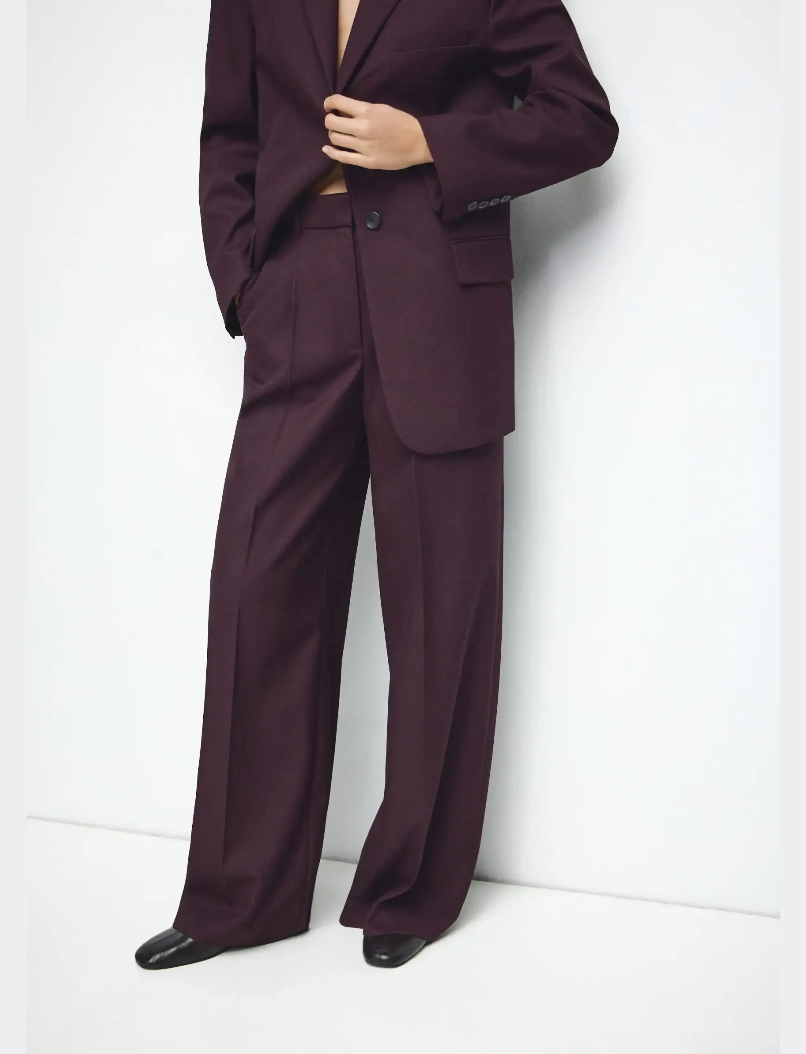 Mango Wide Leg Suit Trousers, 34, Burgundy, Bukser > Jakkesætsbukser, Dame