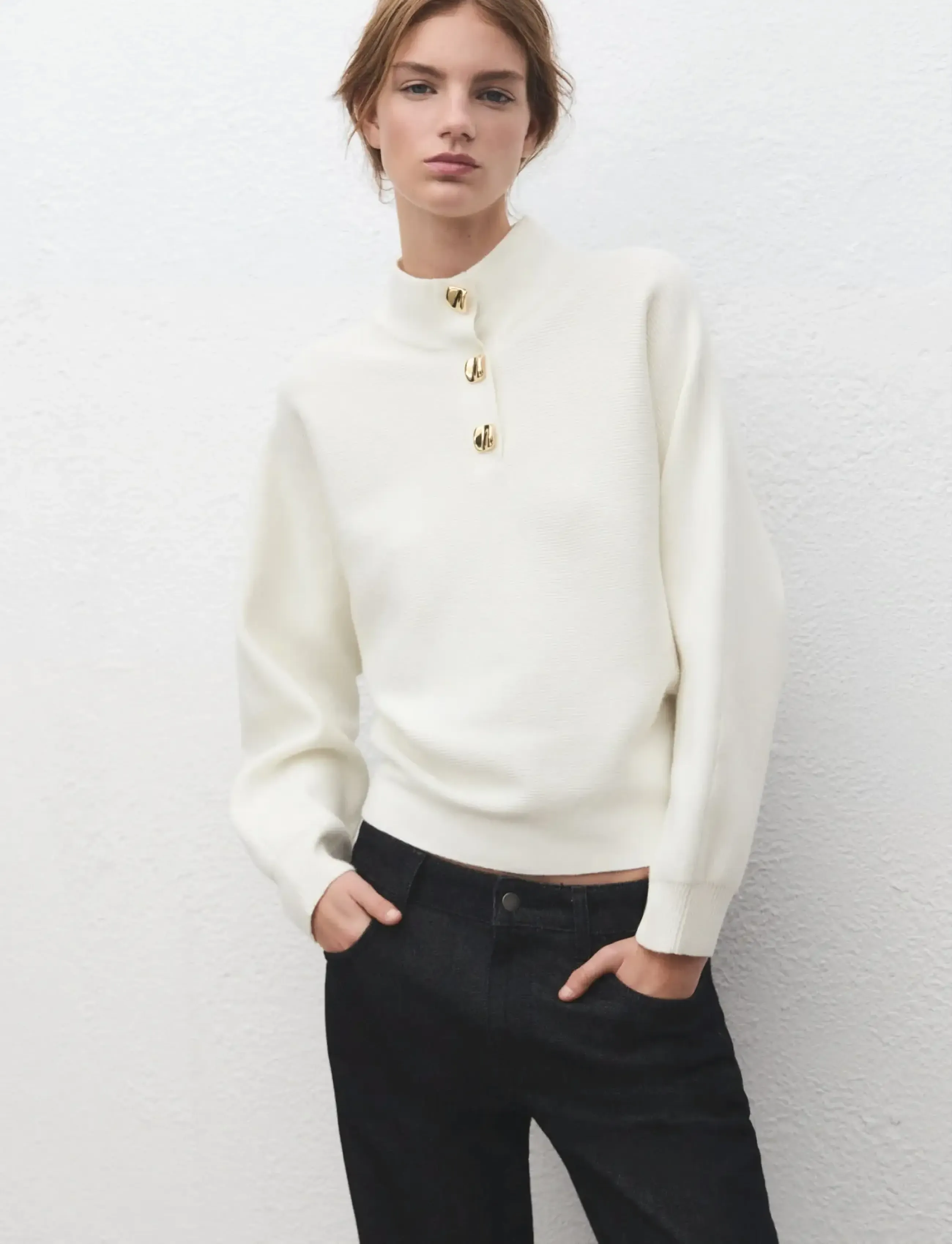 Mango Turtleneck Sweater With Jewel Buttons, M, Cream, Strik > Trøjer, Dame