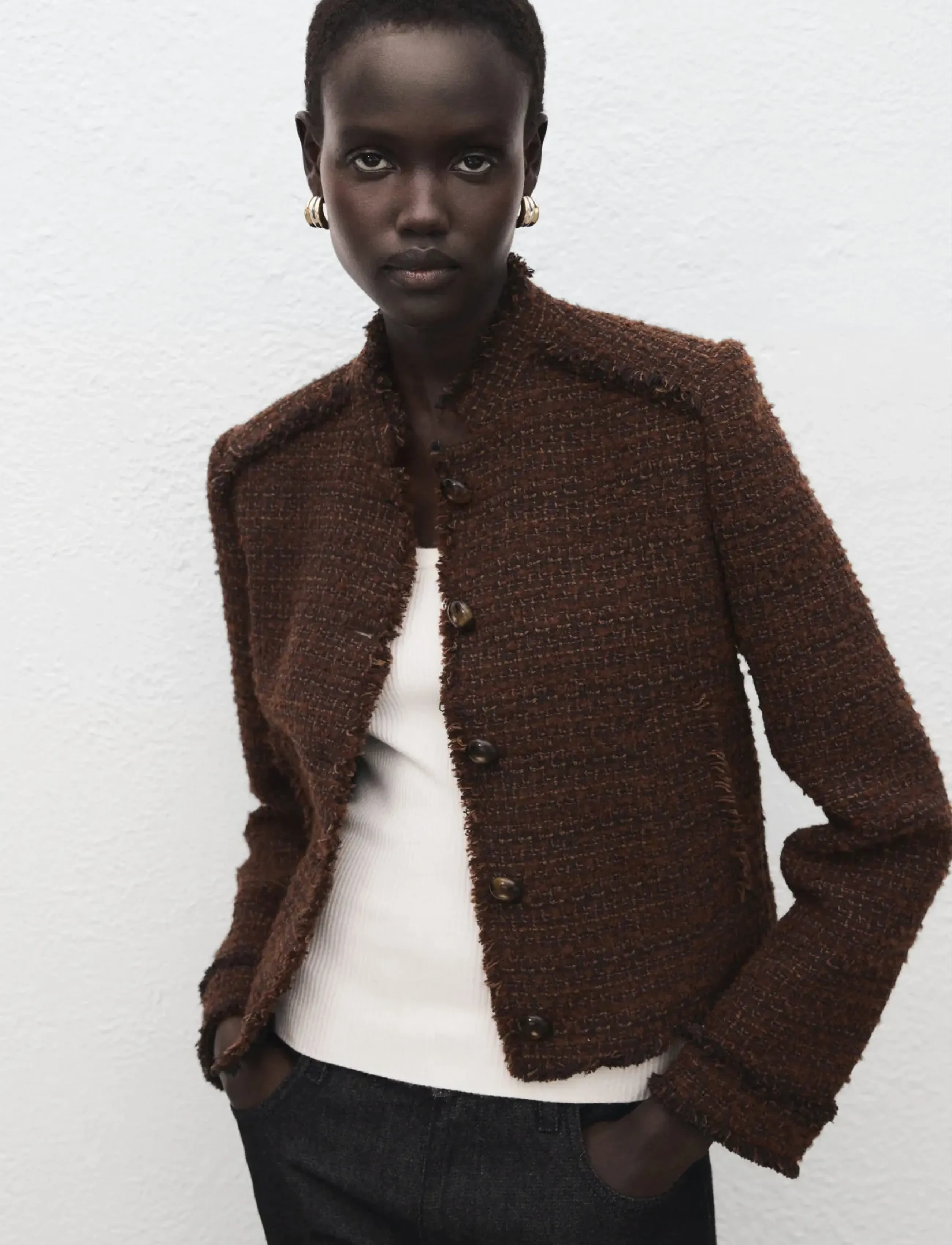 Mango Tweed jacket with frayed ends - Mango - BROWN / brown