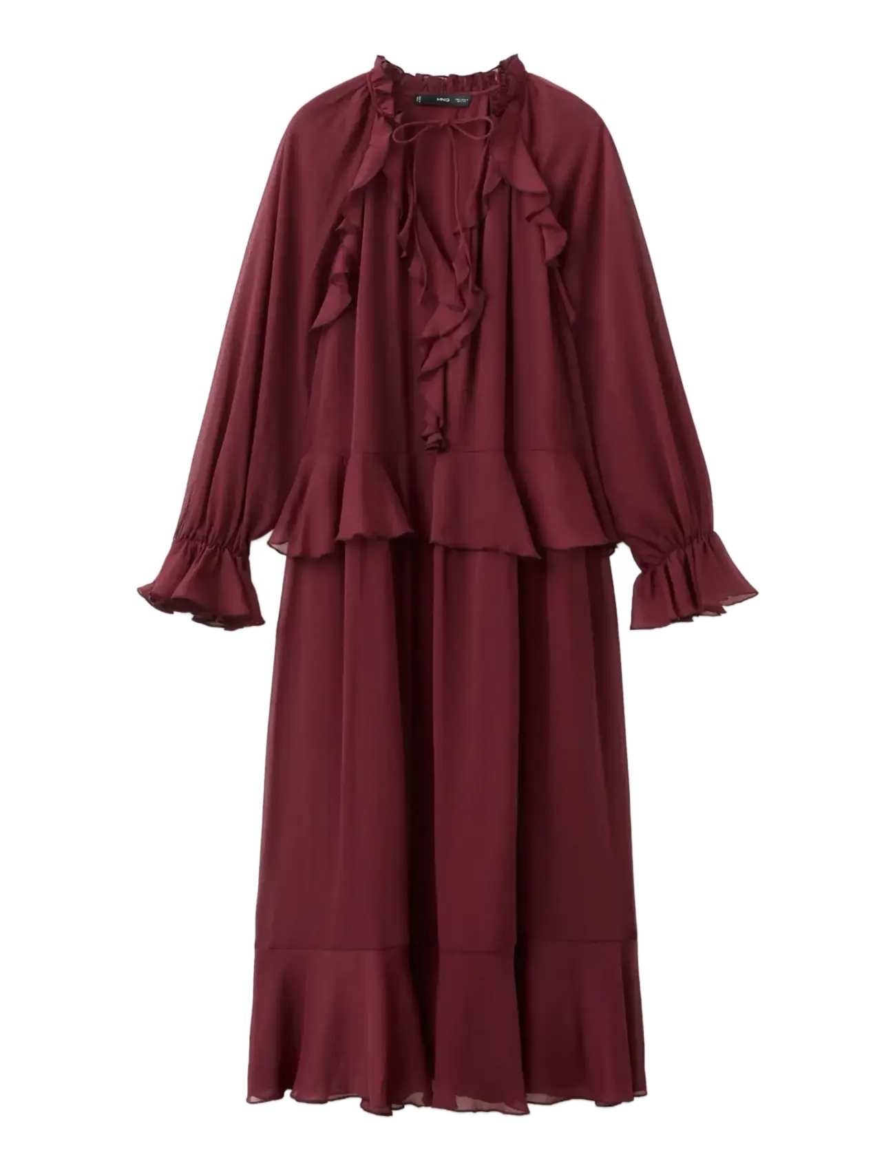 MANGO Long Ruffled Kleid Burgundy - M - Damen