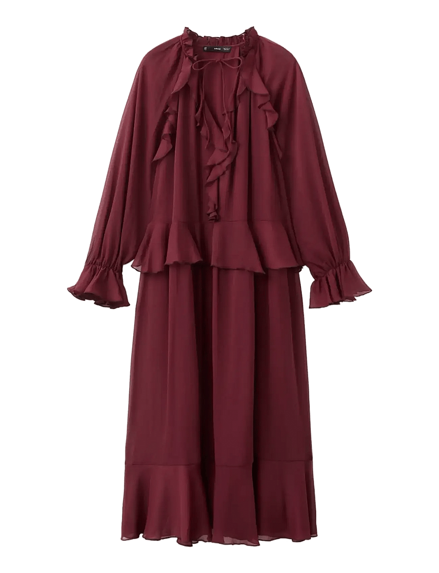 Mango - Long ruffled dress - maxiklänningar - dark red - 1