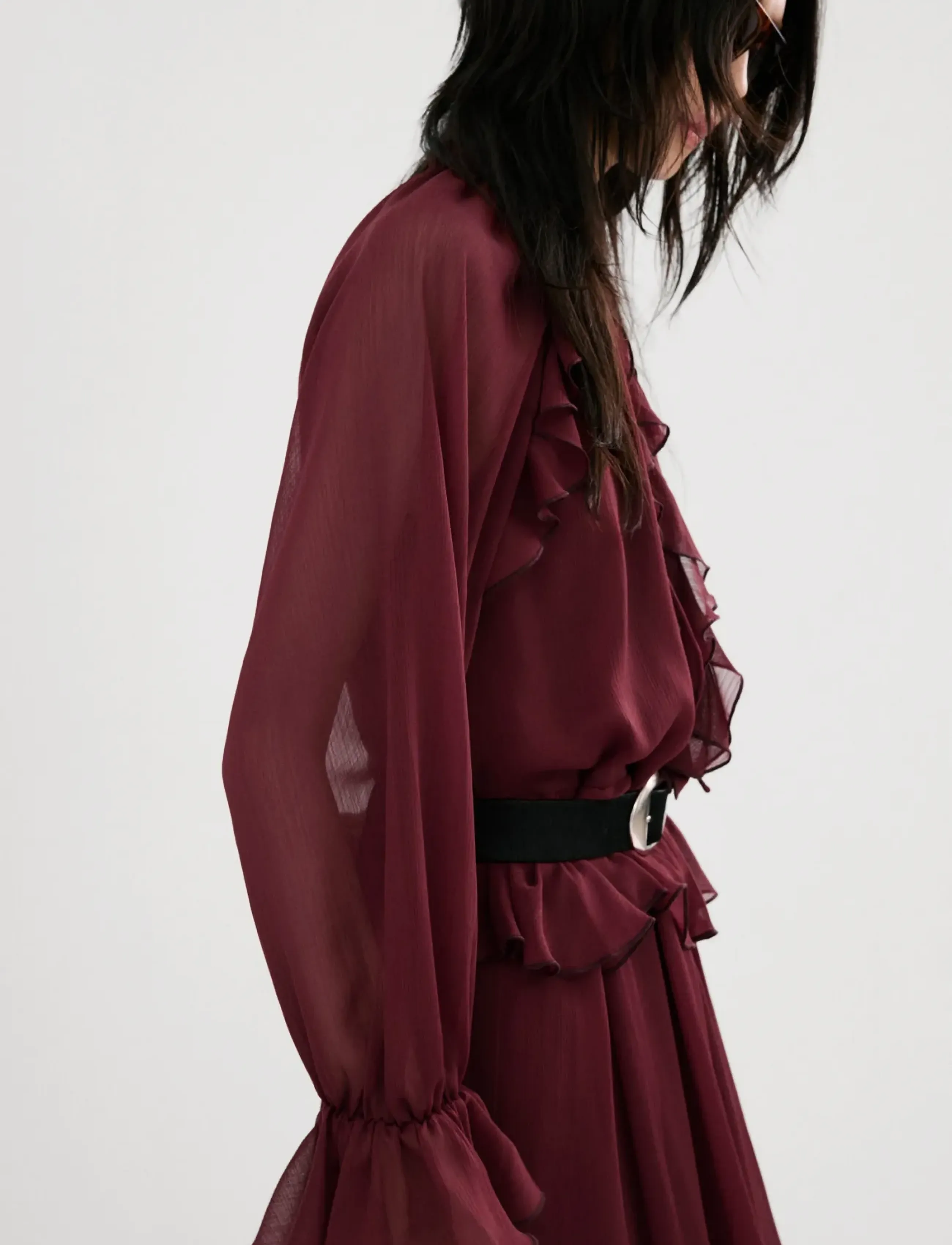 Mango Long ruffled dress - Klänningar - DARK RED / burgundy