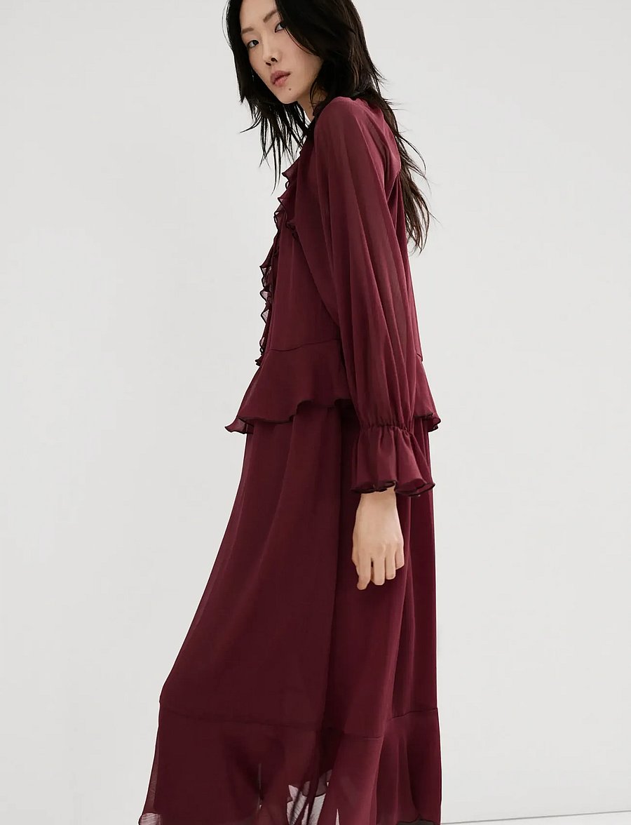 Mango - Long ruffled dress - maxiklänningar - dark red - 2