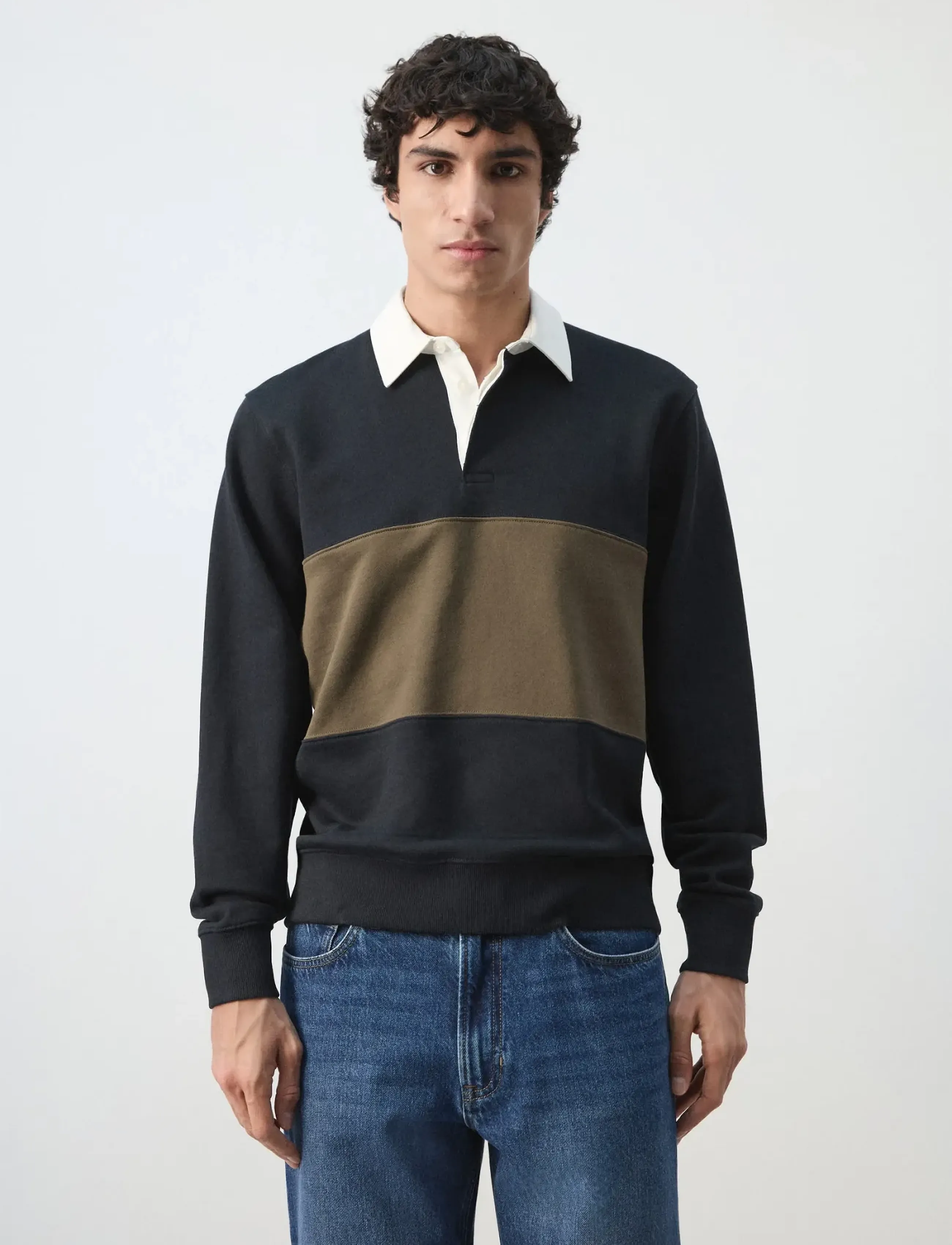 Mango 100% Cotton Polo Sweatshirt, Mænd, Farveblok Polo Sweatshirt, Navy, Str: S